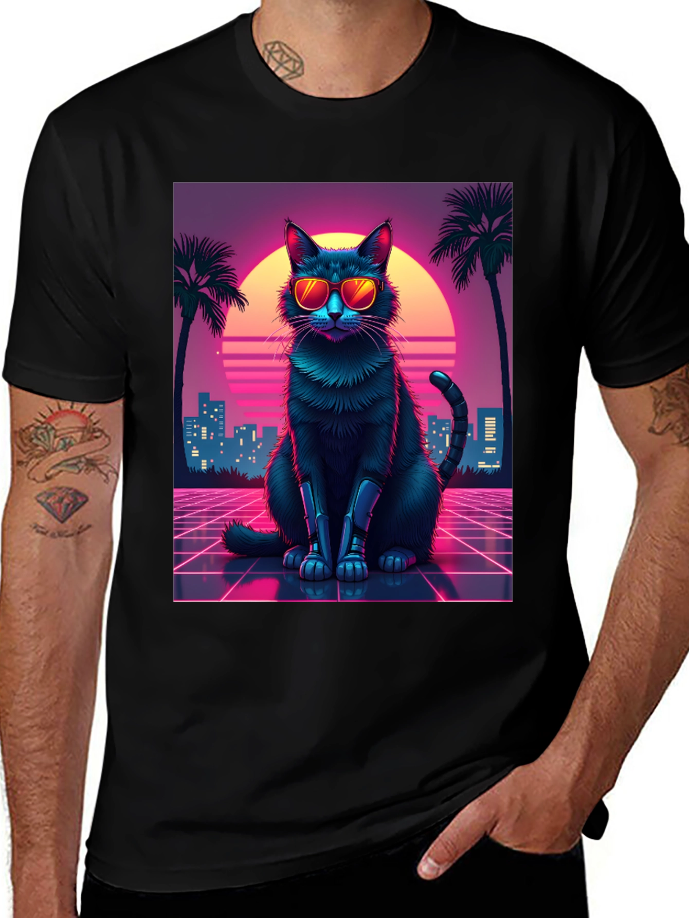 Variant 24 of Retro Cat Graphic Tee - Synthwave Style