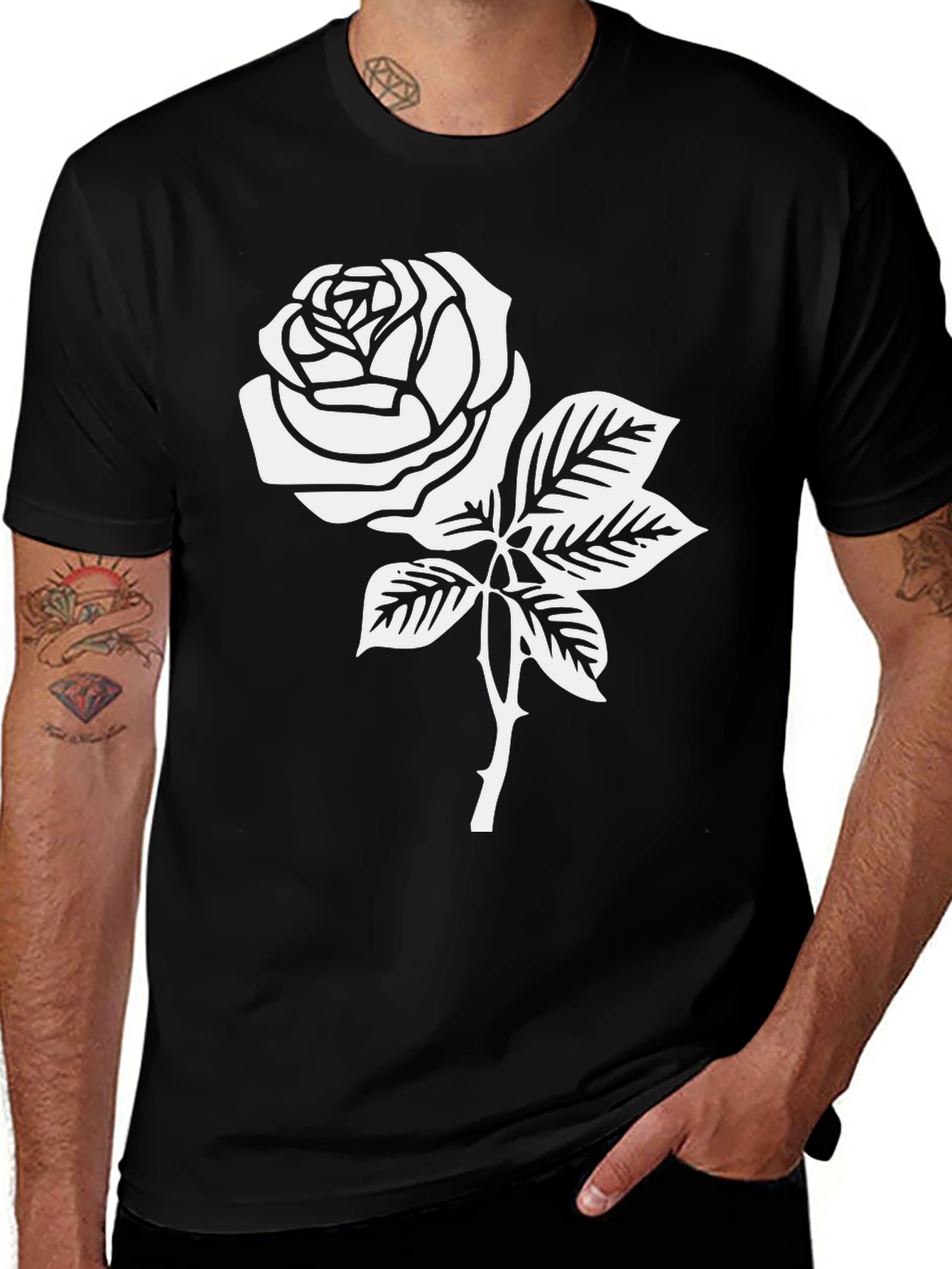 Variant 2 of Black T-Shirt with White Rose Graphic