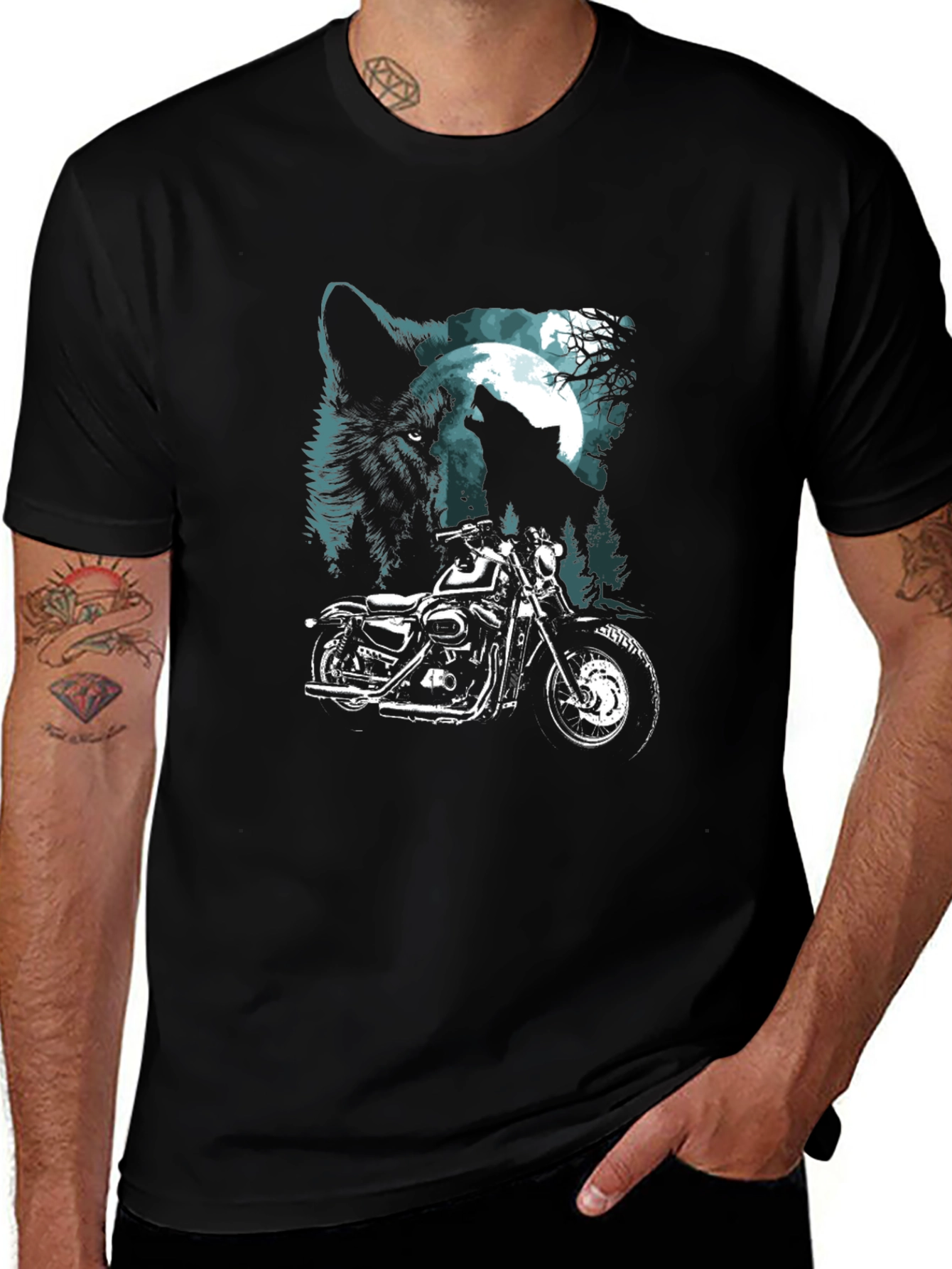 Variant 26 of Wolf & Motorcycle Graphic Tee - Black Cotton T-Shirt