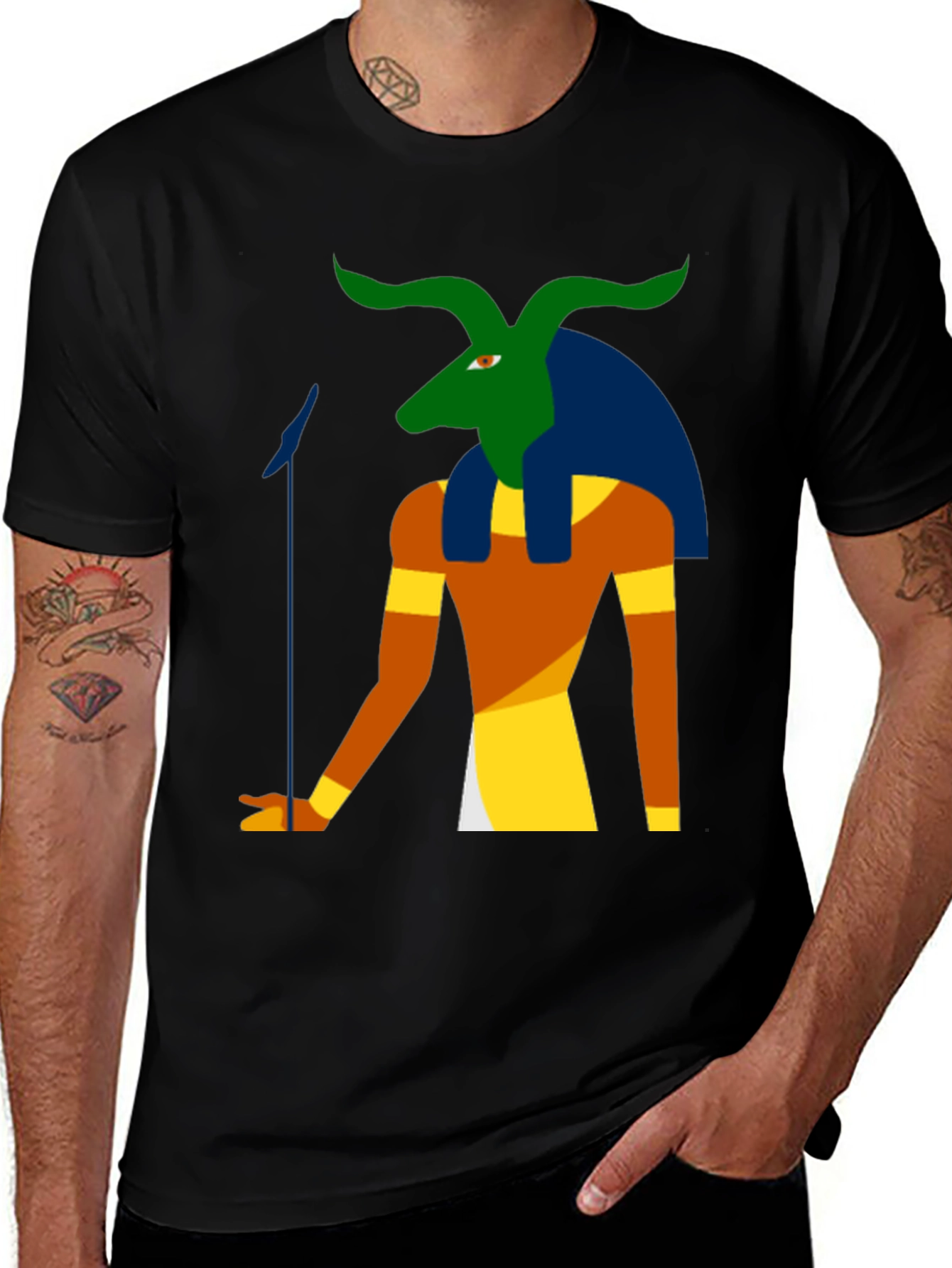Black Egyptian Deity Graphic Tee - Black Cotton Shirt main image
