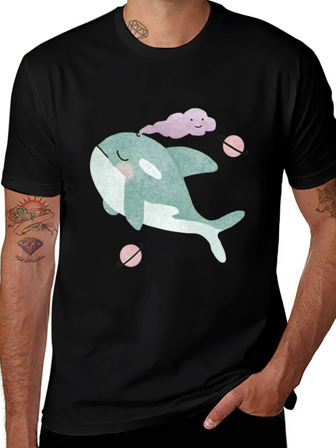 Variant 29 of Whimsical Whale T-Shirt - Black Cotton Tee