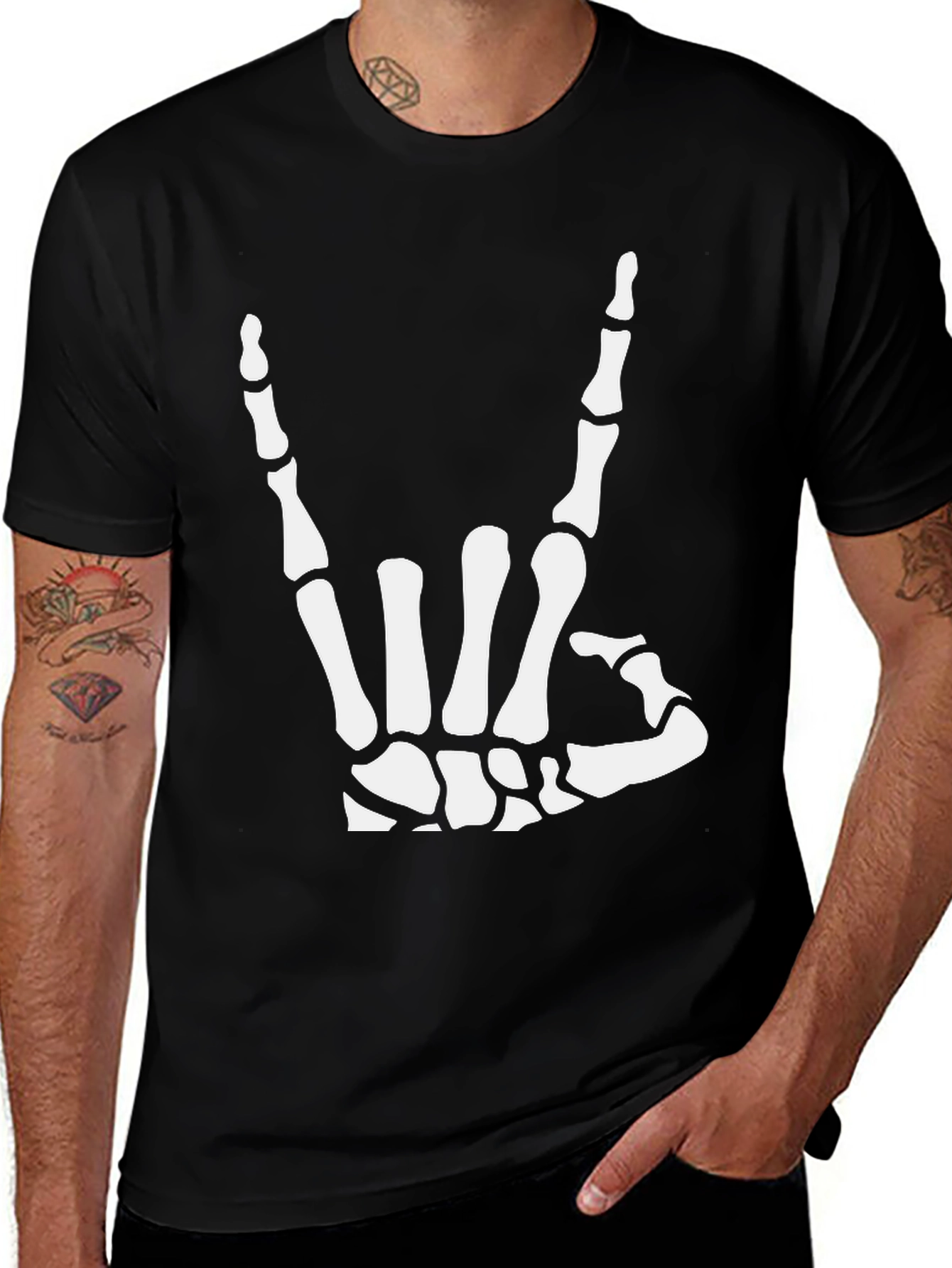 Variant 28 of Rock On Skeleton Hand Black Graphic T-Shirt