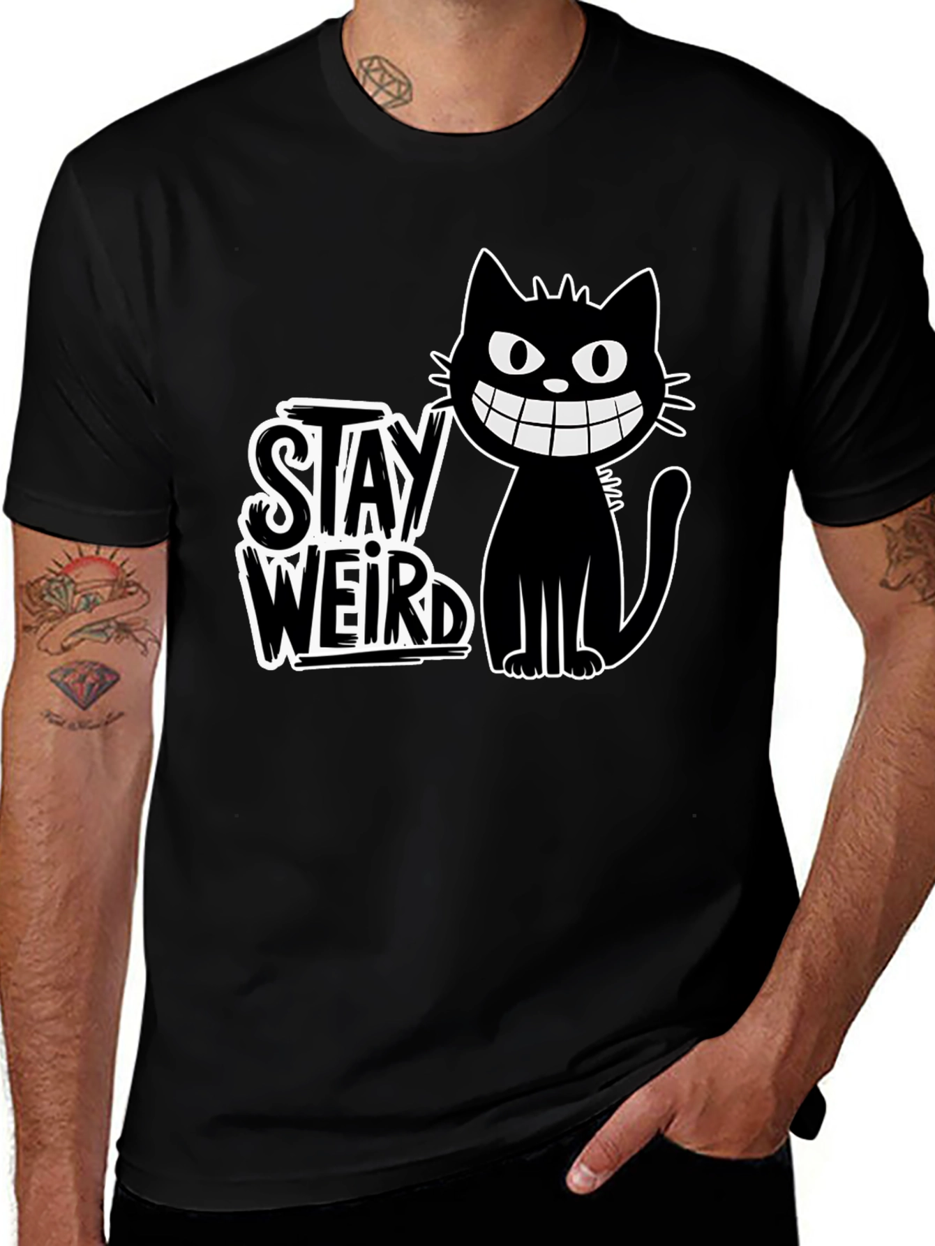 Variant 21 of Stay Weird Cat Graphic Tee - Black T-Shirt