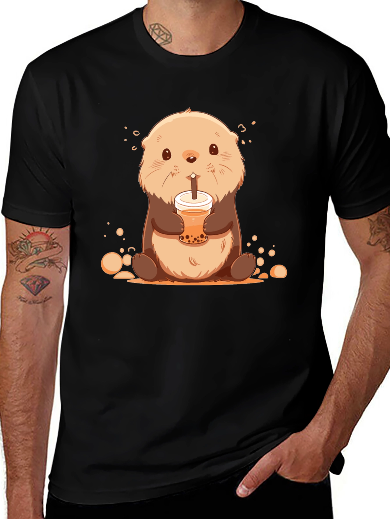 Black Cute Otter Bubble Tea Graphic T-Shirt main image