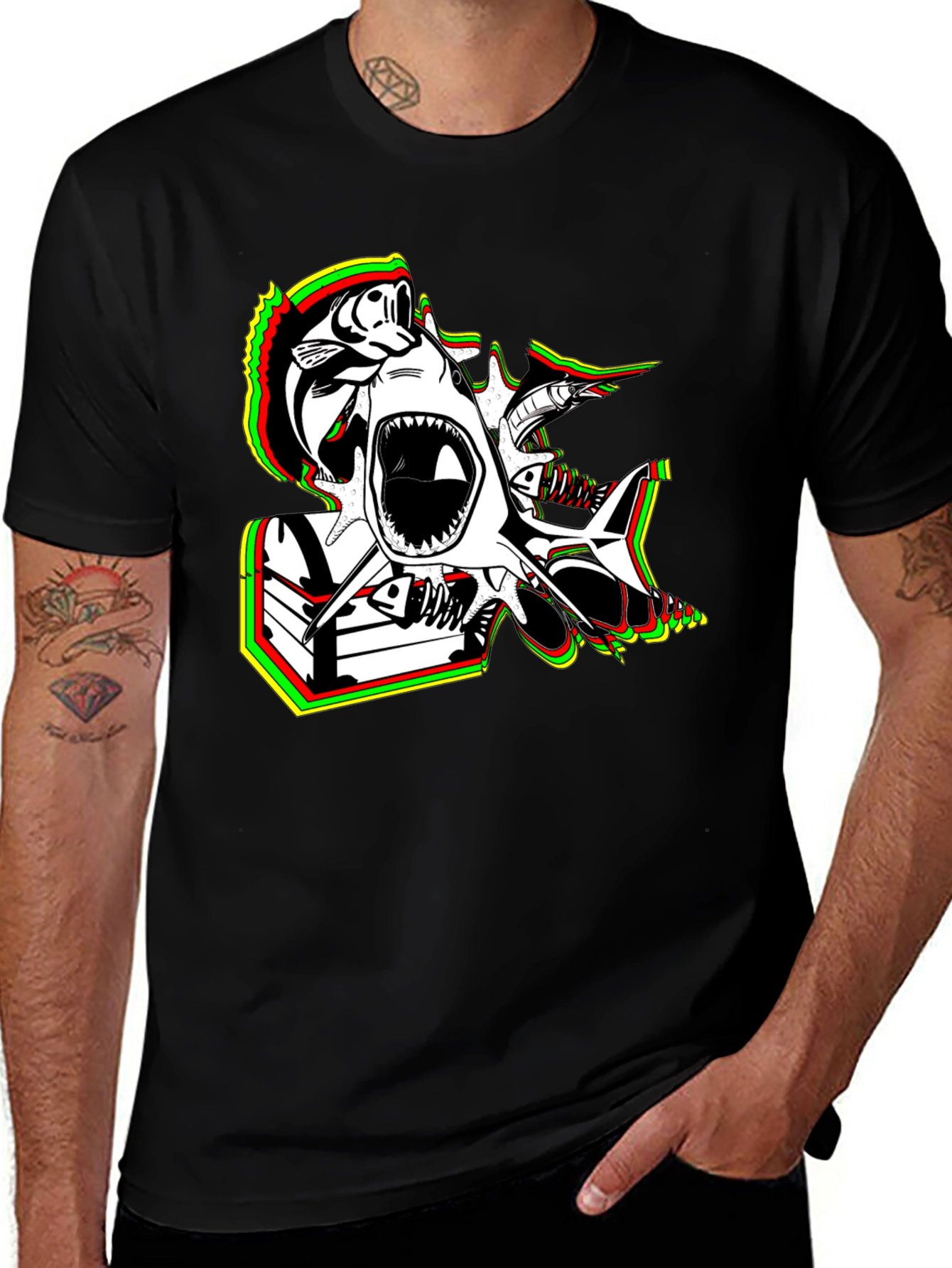 Variant 9 of Men's Graphic Black T-Shirt with Fish Art Design
