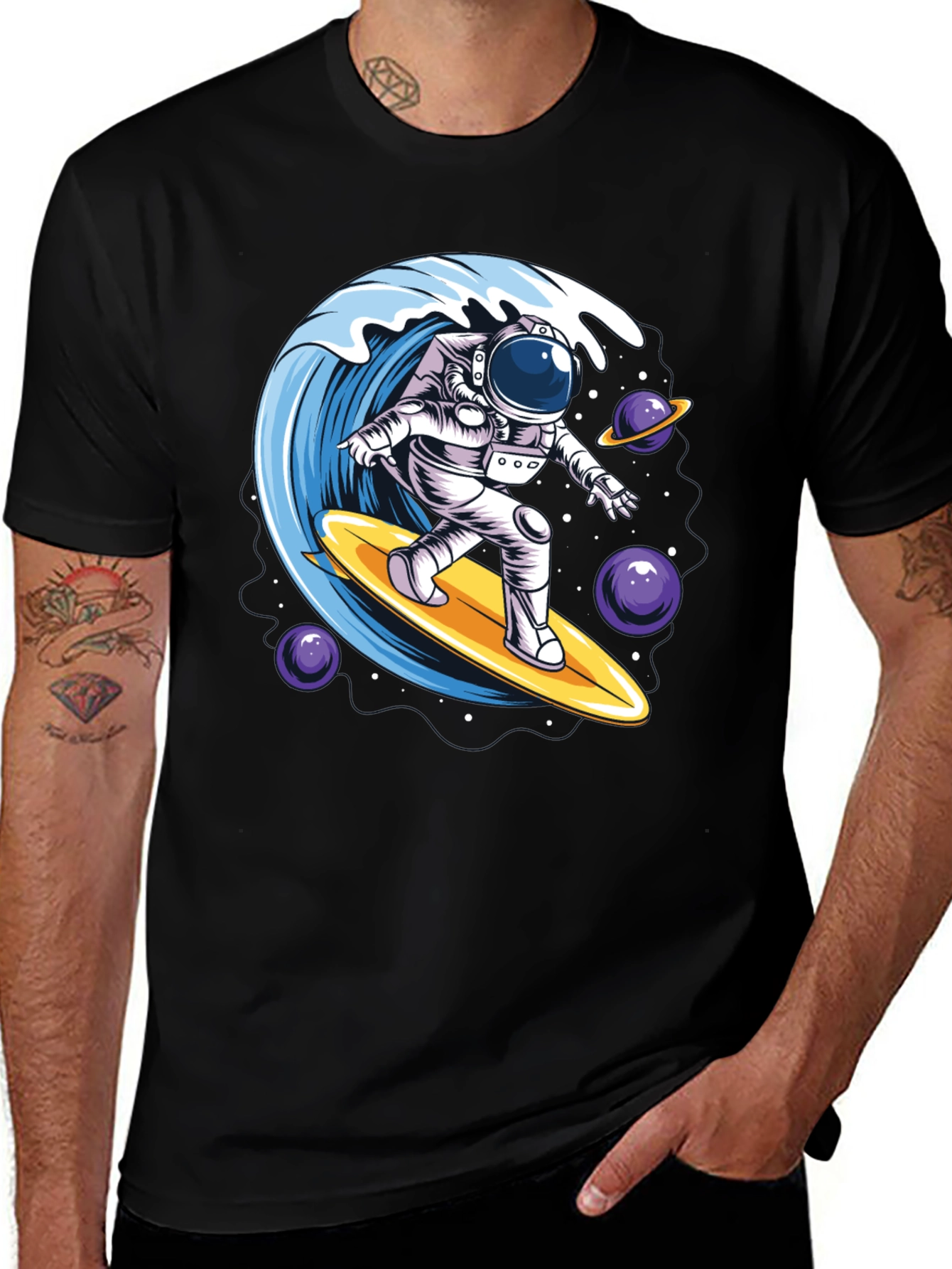 Variant 19 of Astronaut Surfing Wave Graphic Tee - Black Cotton T-Shirt