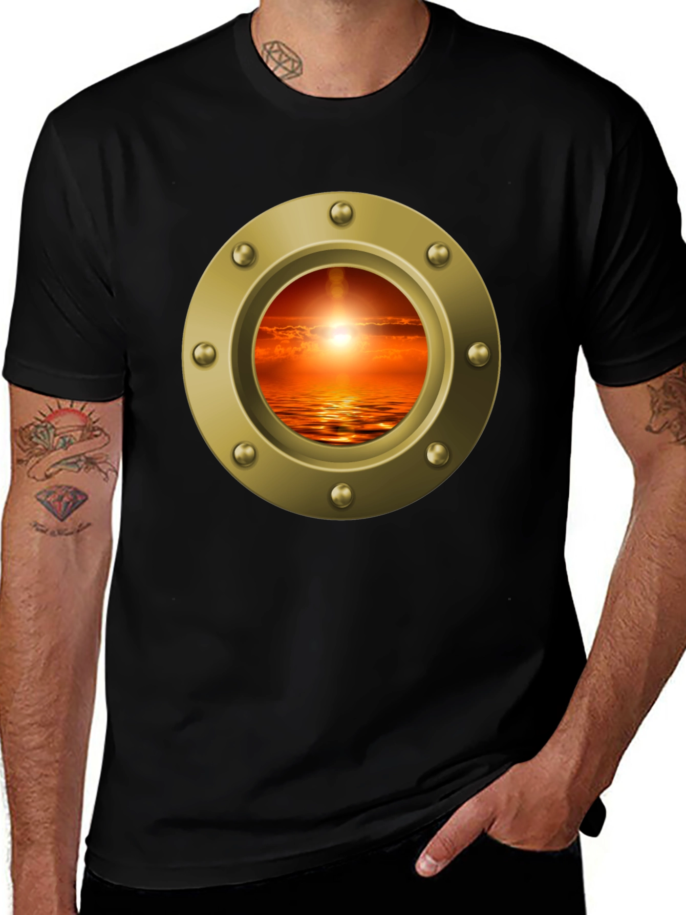 Variant 26 of Nautical Porthole Sunset T-Shirt - Ocean View Tee