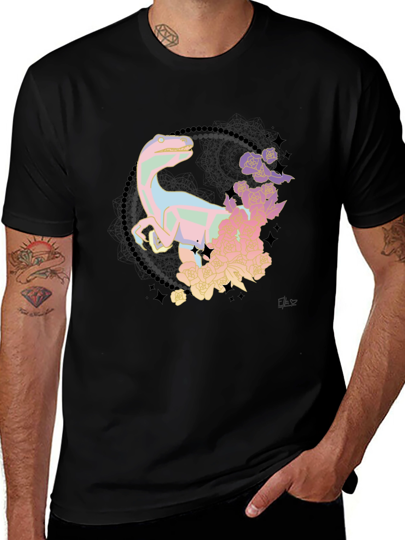Variant 10 of Floral Dinosaur Black T-Shirt