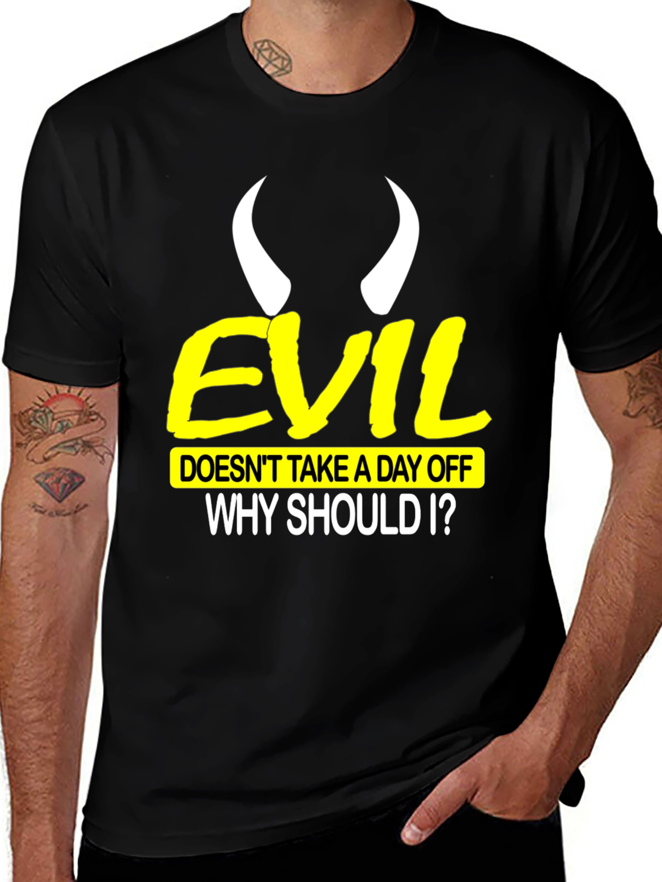 Variant 6 of Evil Doesn't Take a Day Off Black T-Shirt