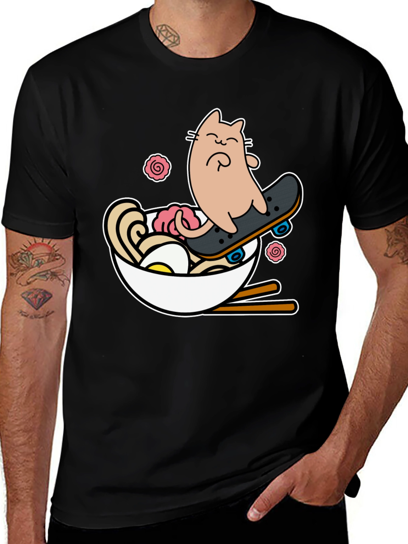 Skateboarding Cat Ramen Bowl T-Shirt