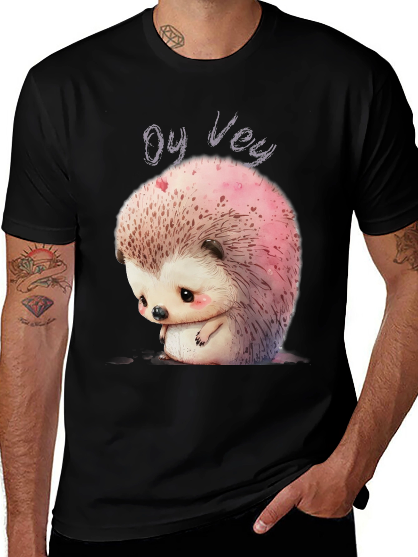 Variant 30 of Oy Vey Sad Hedgehog Graphic Tee - Unisex Black T-Shirt