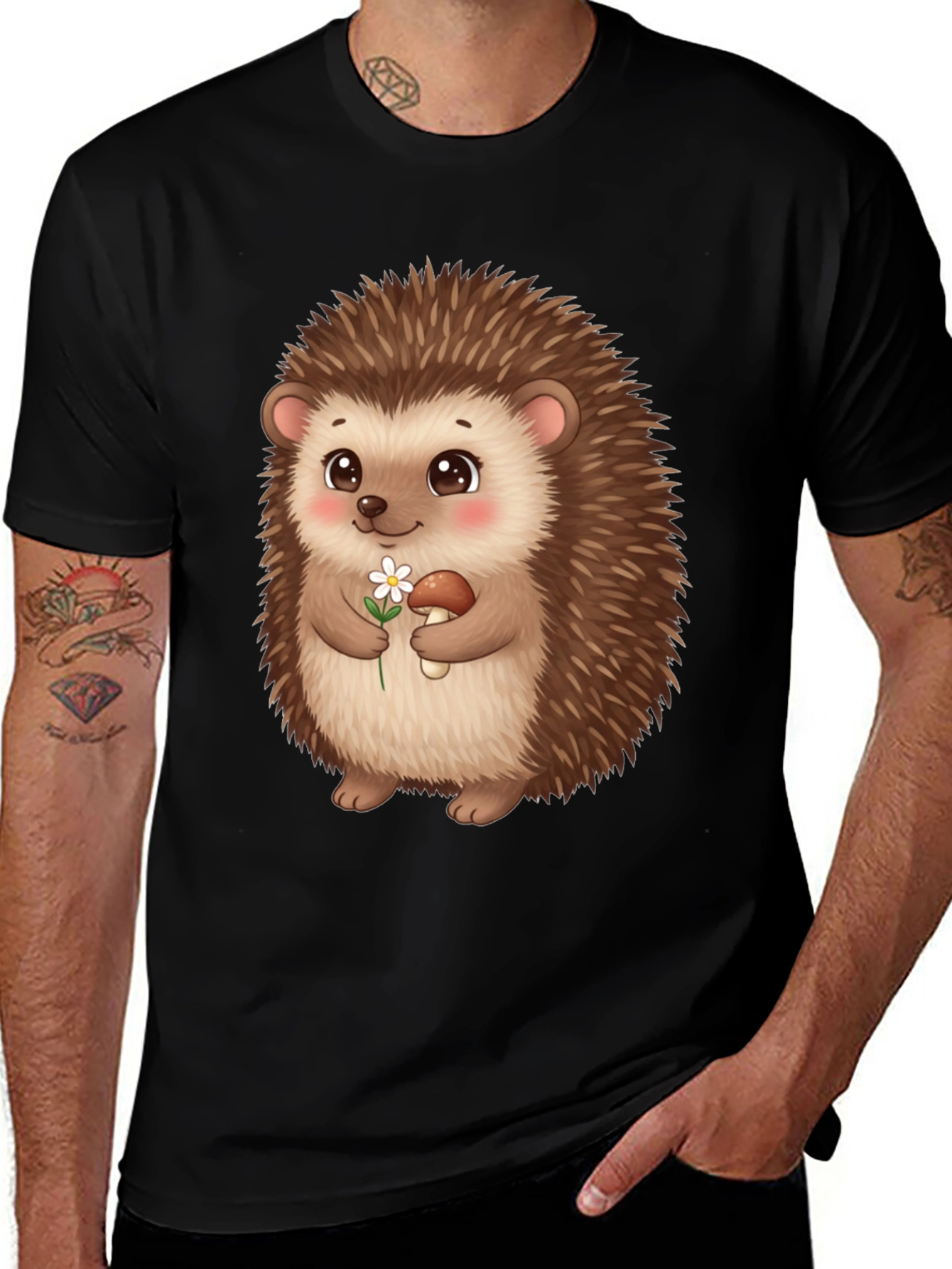 Variant 2 of Cute Hedgehog Graphic Tee - Black Cotton T-Shirt