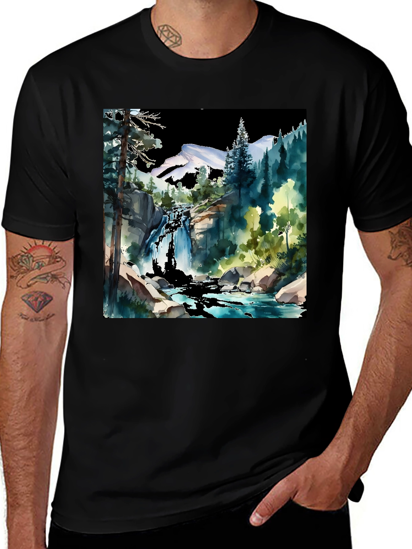 Variant 18 of Watercolor Mountain Waterfall Graphic Tee