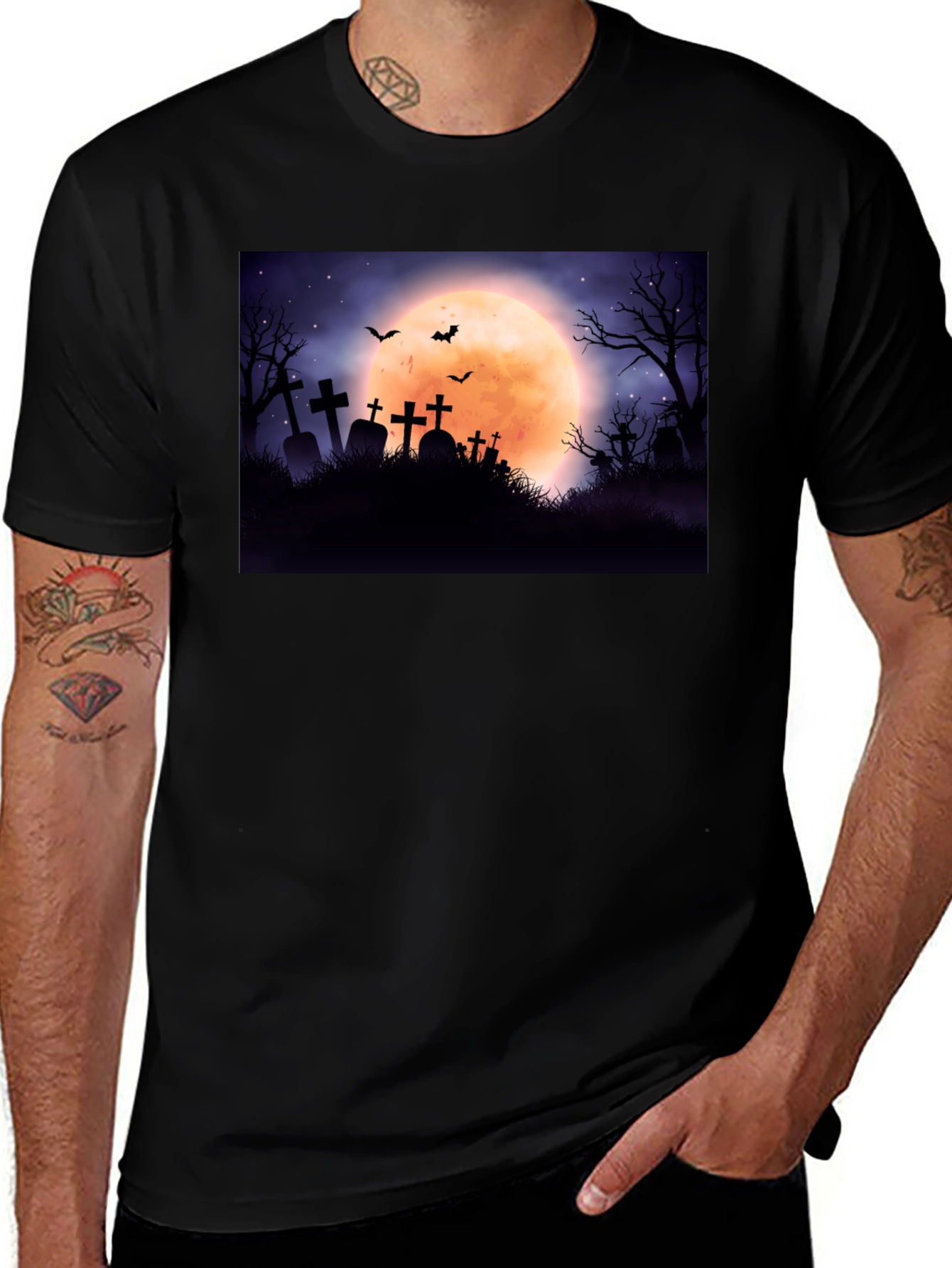 Spooky Cemetery Moon Halloween Graphic Tee