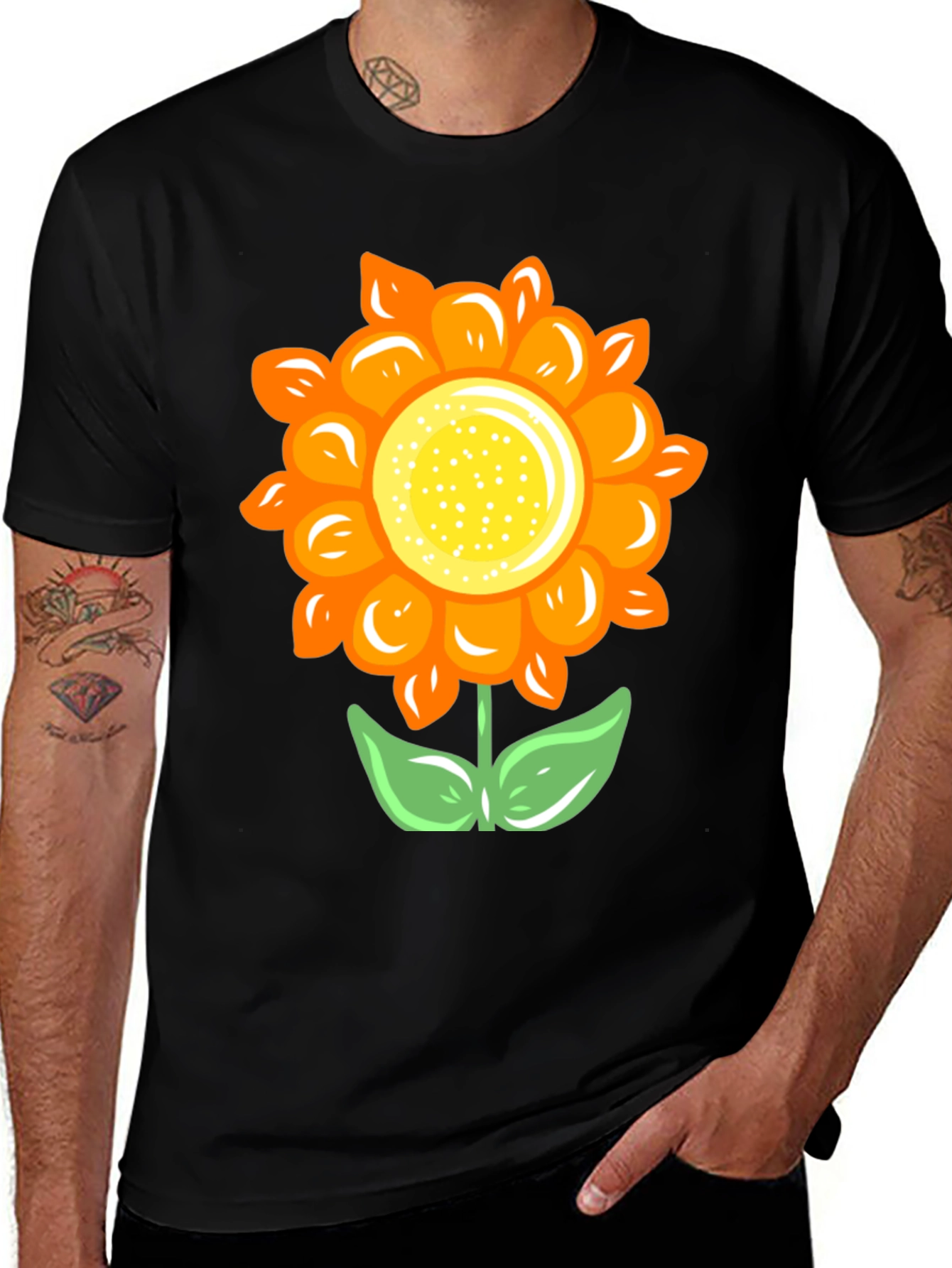 Black T-Shirt with Orange Flower Graphic