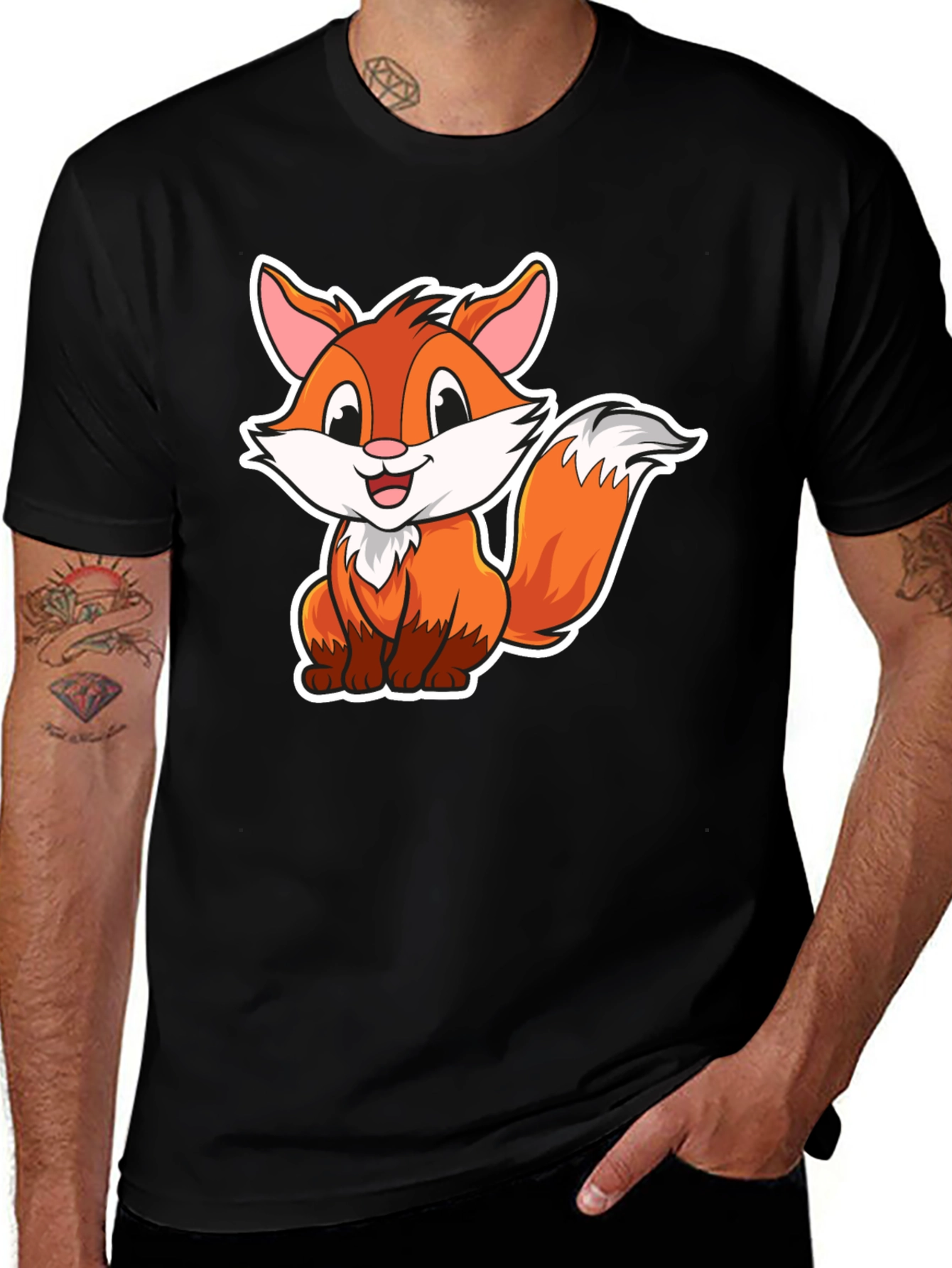 Variant 23 of Cartoon Fox Graphic Tee - Black Cotton Blend T-Shirt