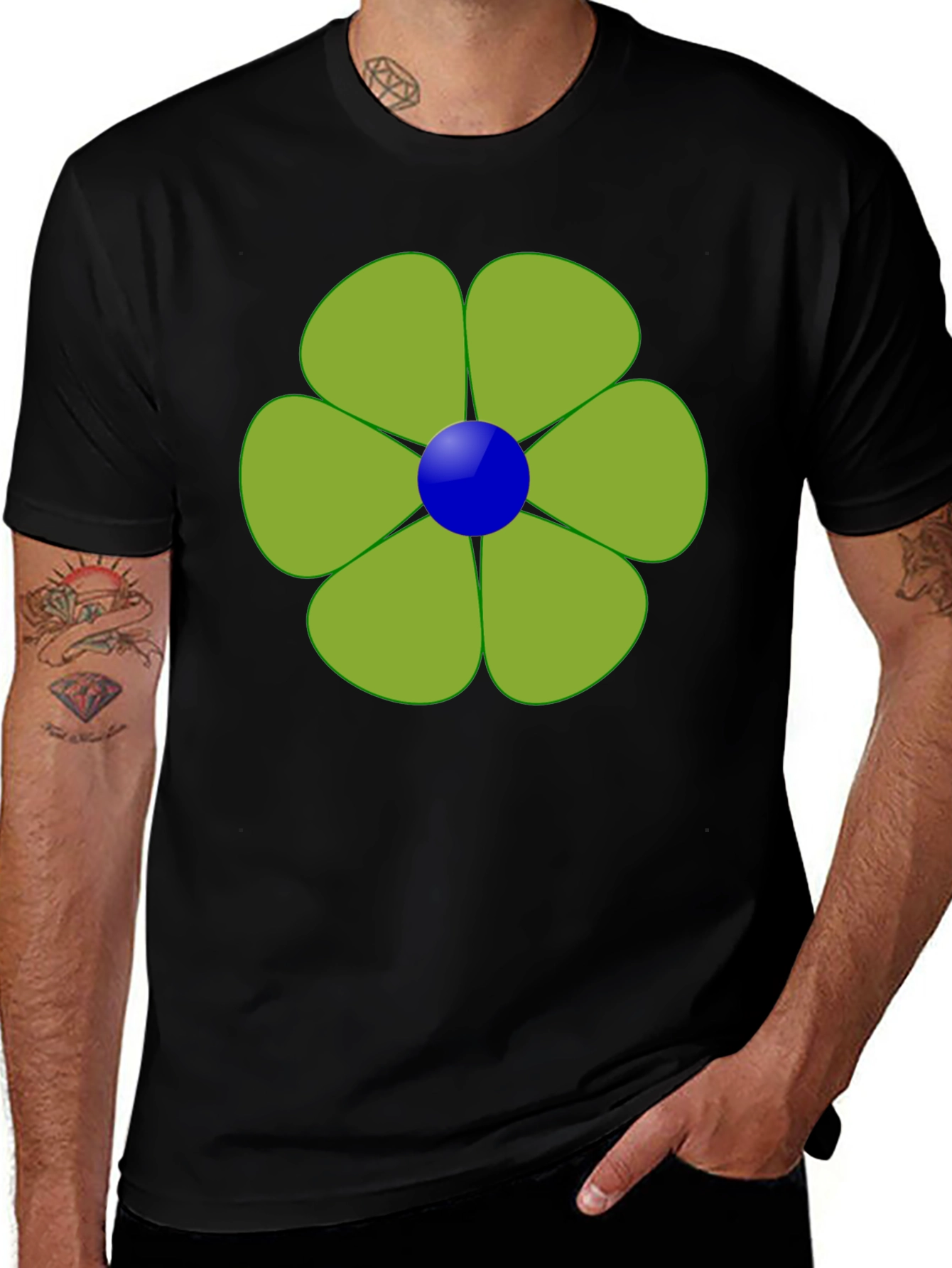 Green Flower Graphic Black Tee Casual Wear