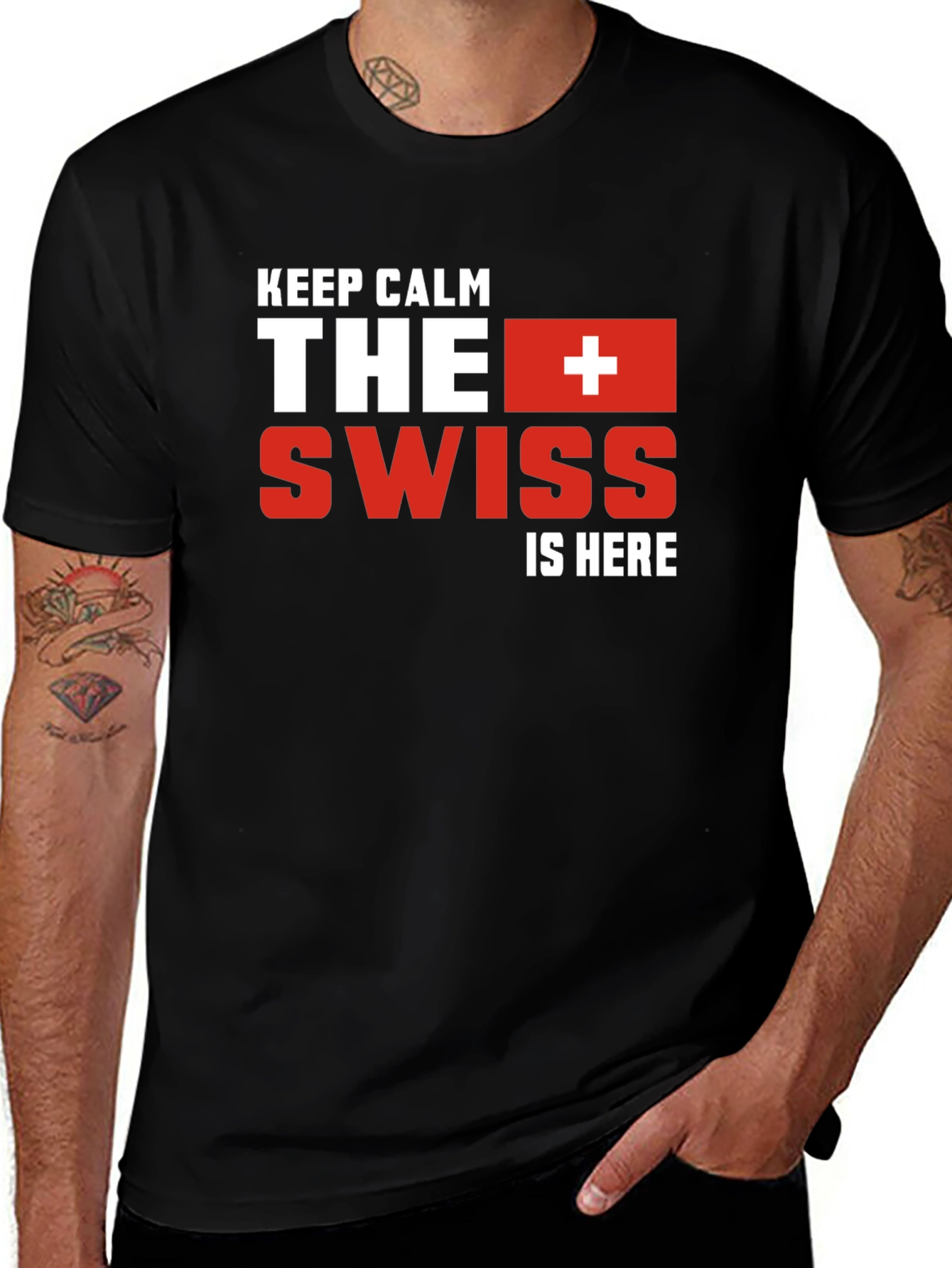 Variant 19 of Keep Calm The Swiss Is Here Black T-Shirt