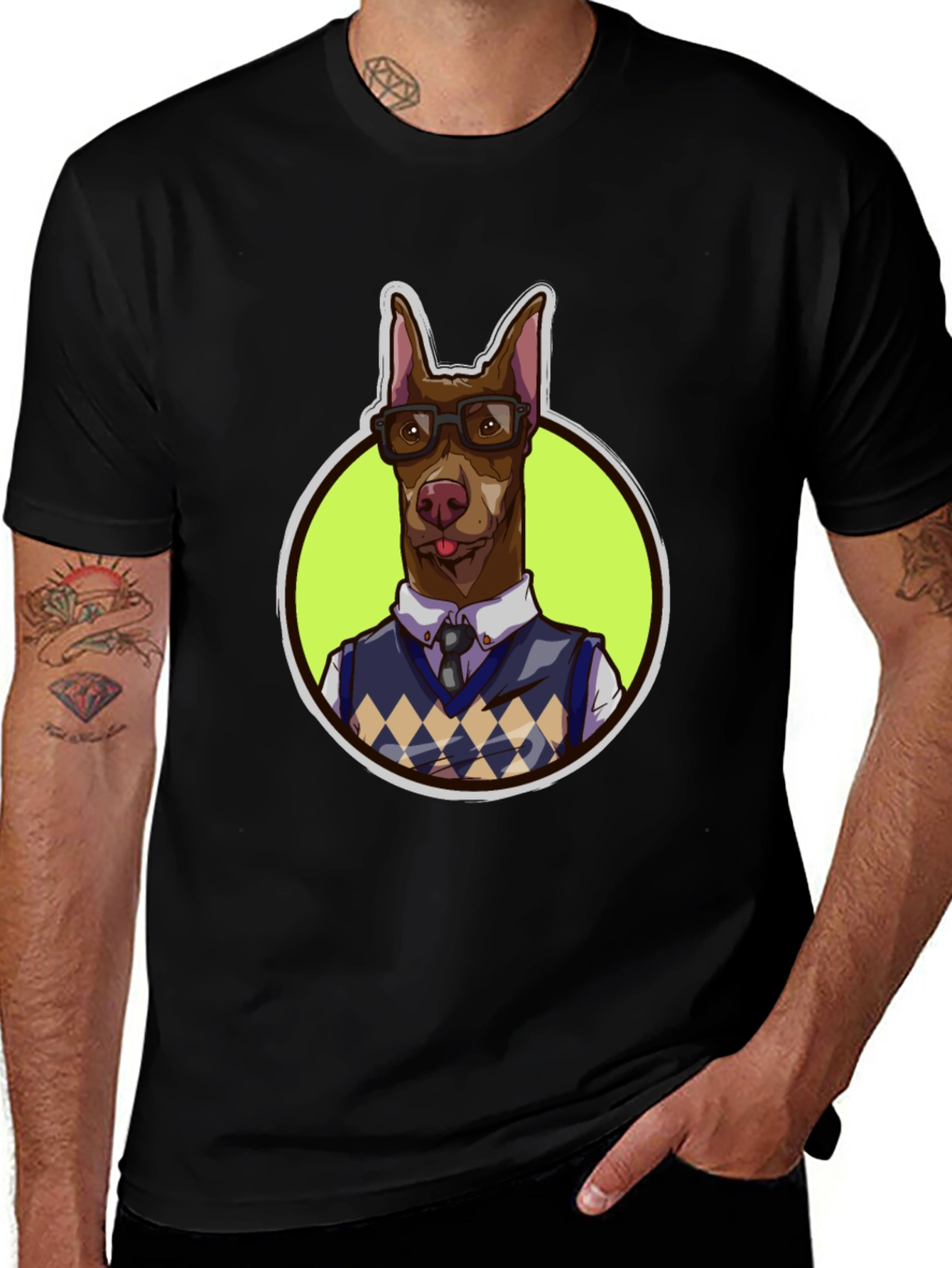 Variant 10 of Dog with Glasses Graphic Tee - Black Cotton T-Shirt