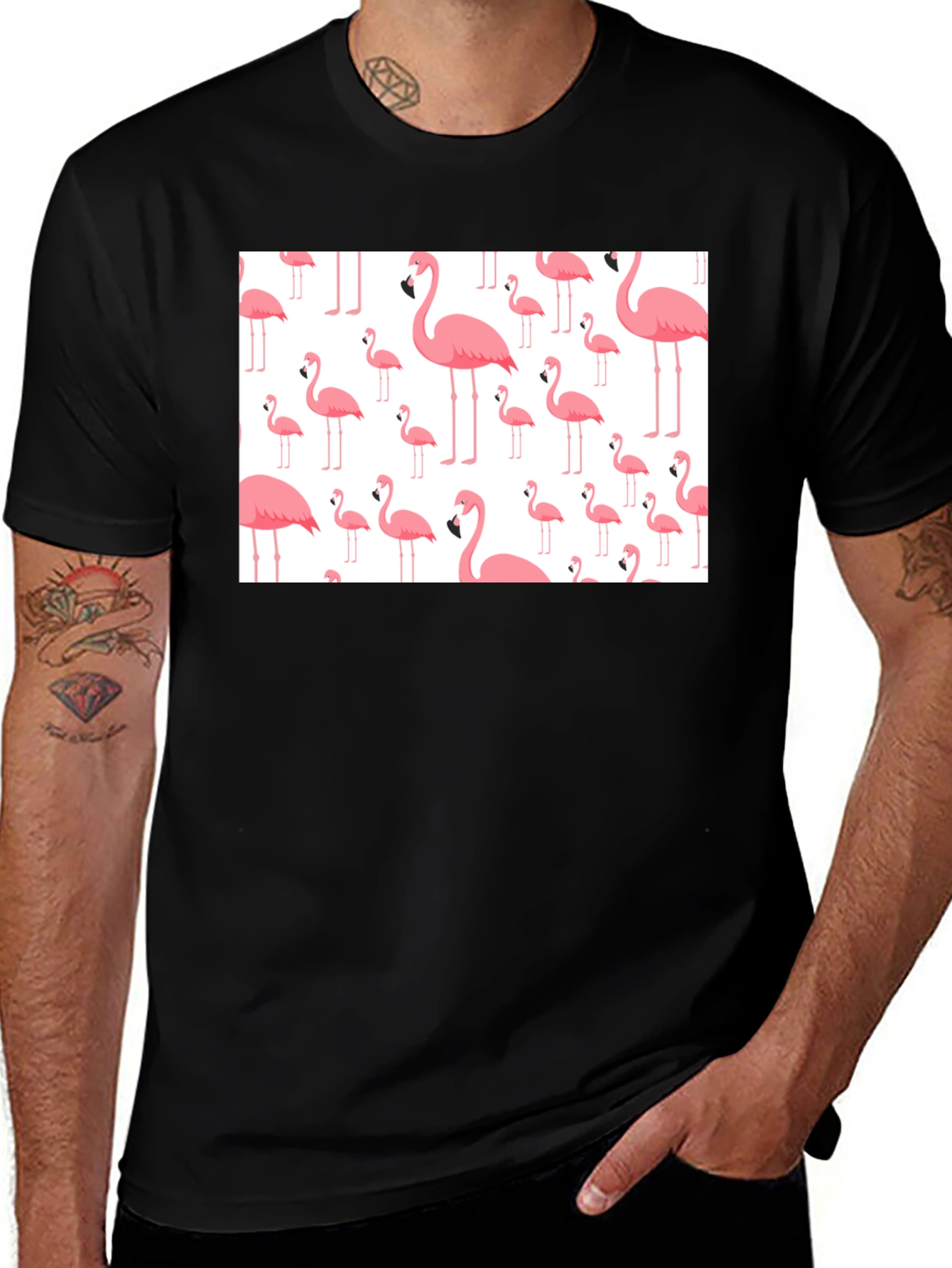 Fun Flamingo Pattern Black T-Shirt