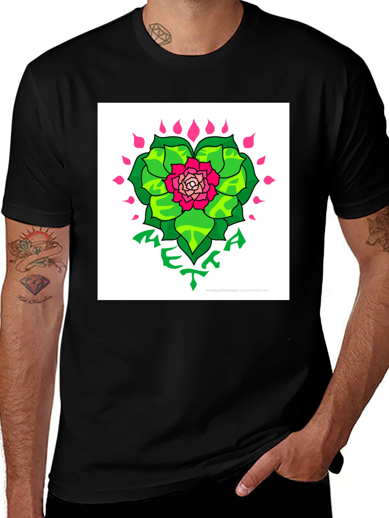 Variant 24 of Nature Art Tee - Pink Flower & Green Leaves Graphic T-Shirt
