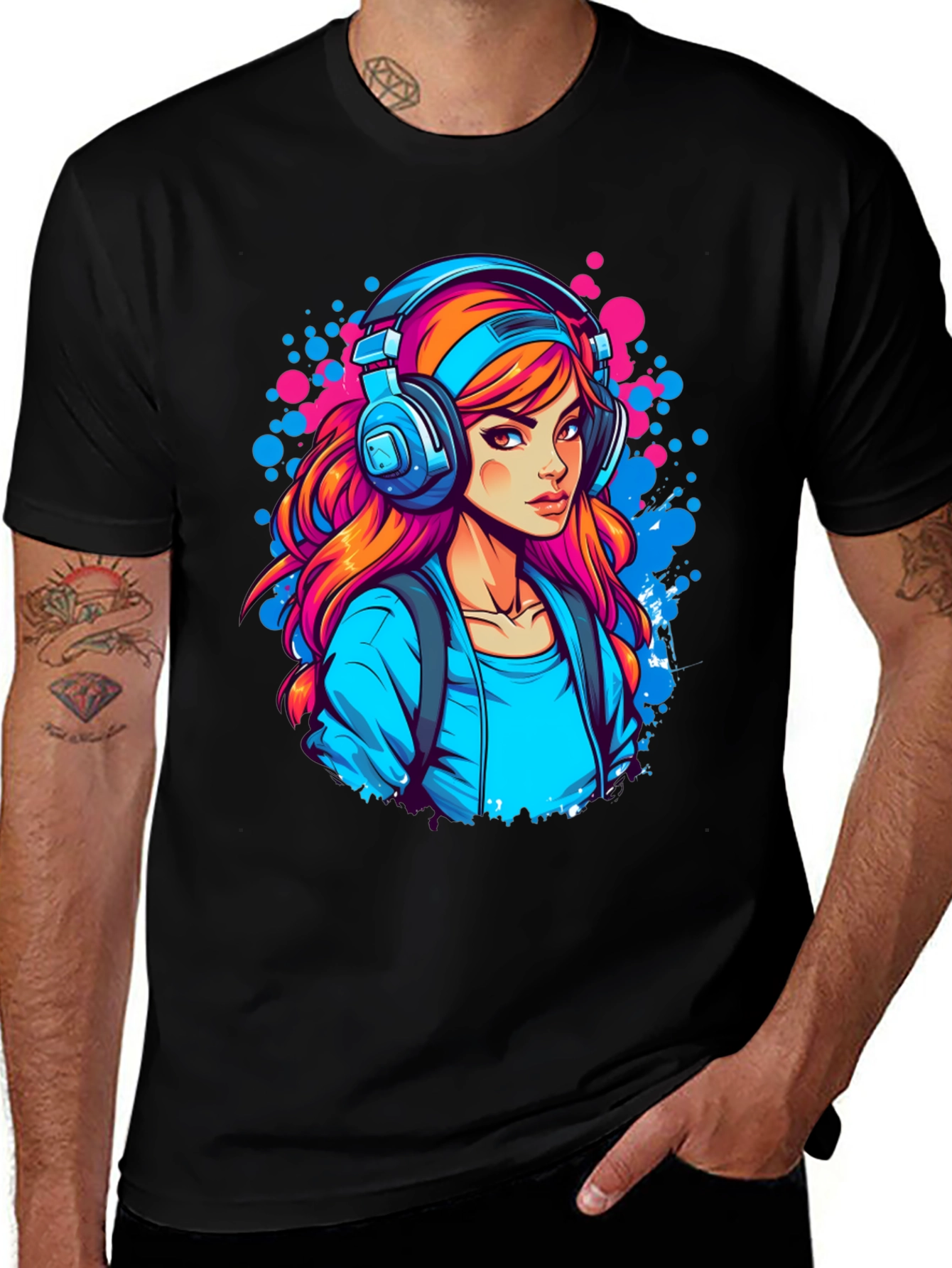 Variant 18 of Girl with Headphones Graphic Black T-Shirt