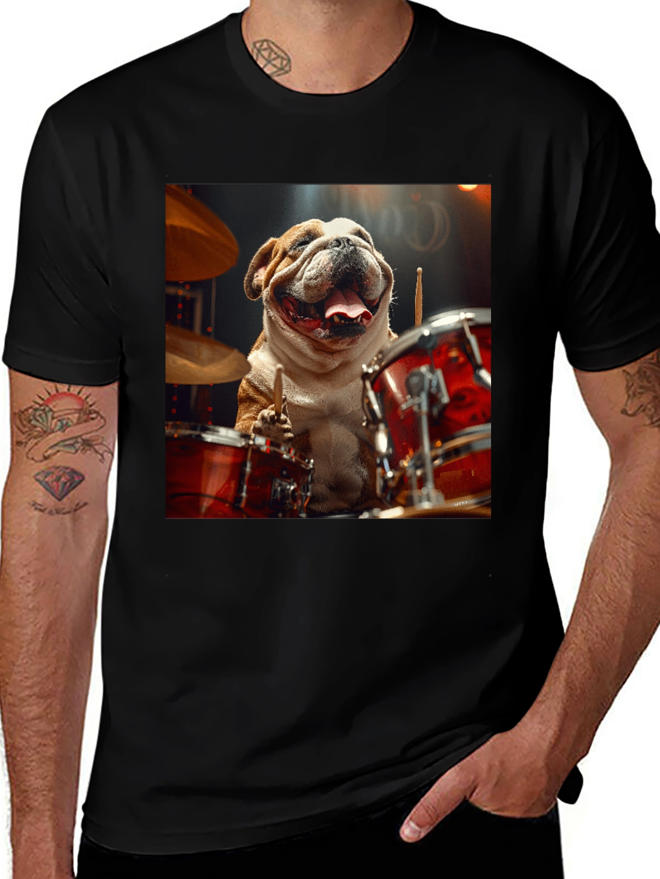 Variant 23 of Bulldog Drummer Graphic Tee - Black Cotton T-Shirt