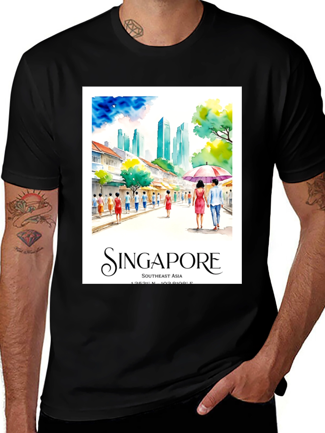 Singapore T-Shirt: Watercolor Cityscape