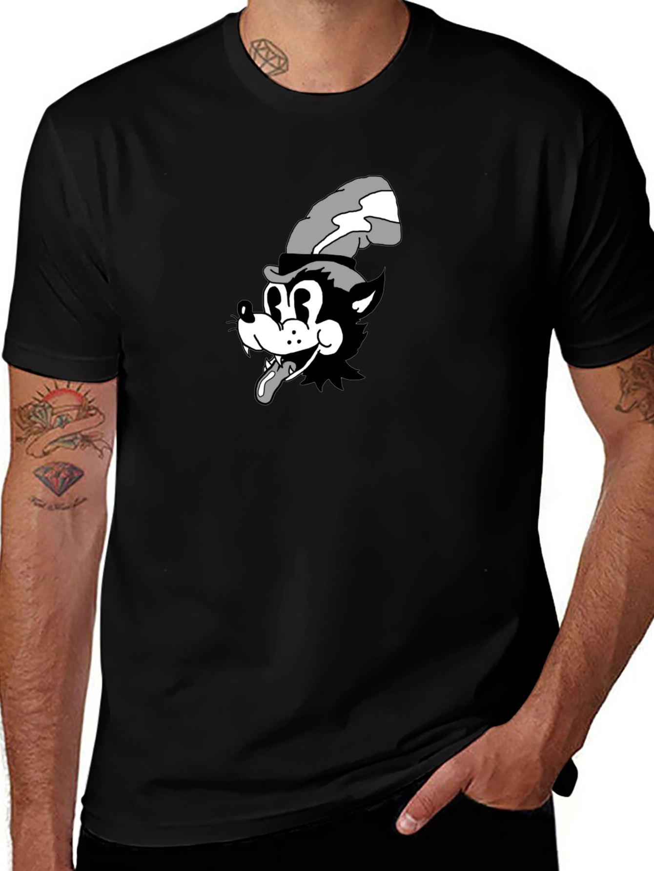 Variant 18 of Cartoon Wolf Graphic Tee - Black Cotton T-Shirt