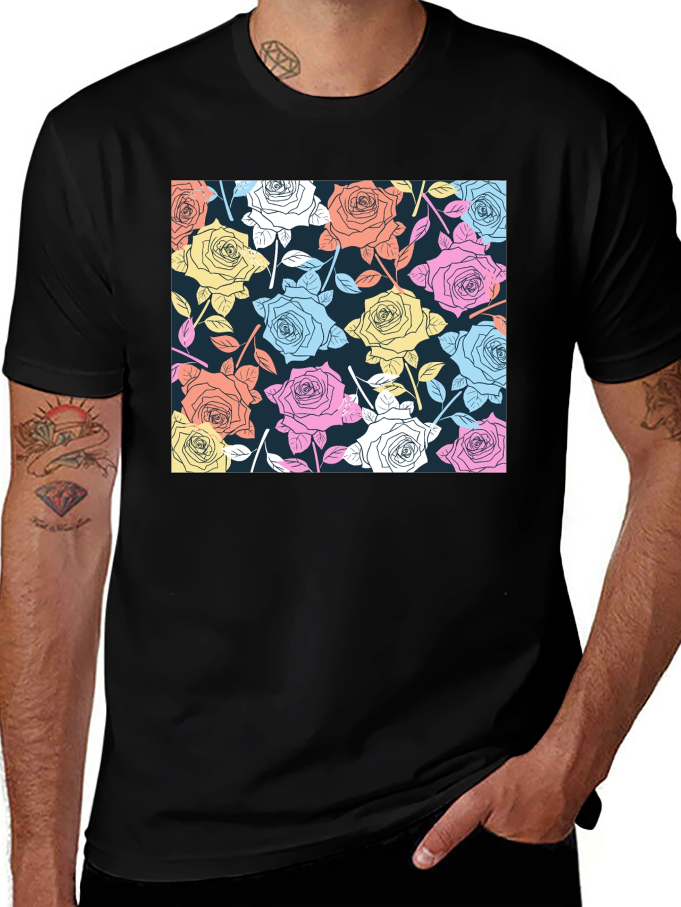 Variant 19 of Floral Rose Pattern Black T-Shirt
