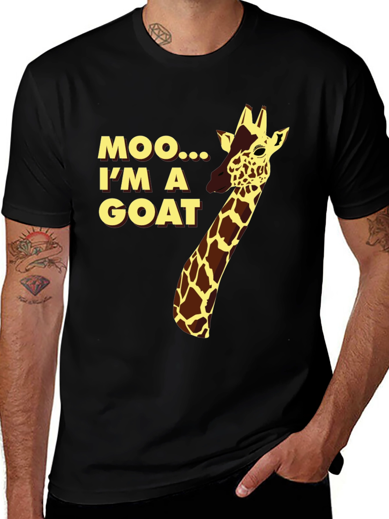 Variant 16 of Funny Giraffe "Moo I'm a Goat" Black T-Shirt