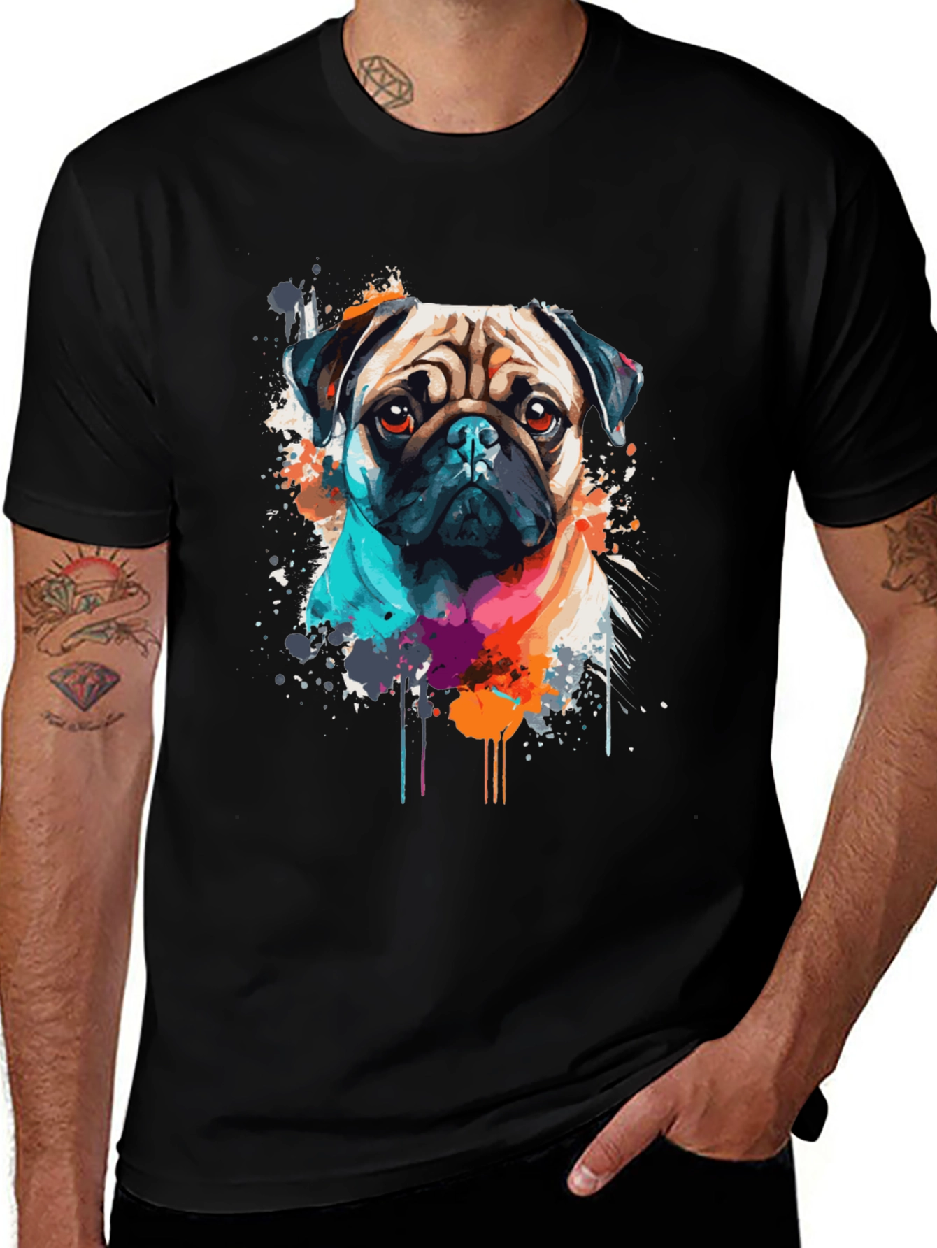 Variant 24 of Pug Dog Colorful Splash Graphic Tee - Black