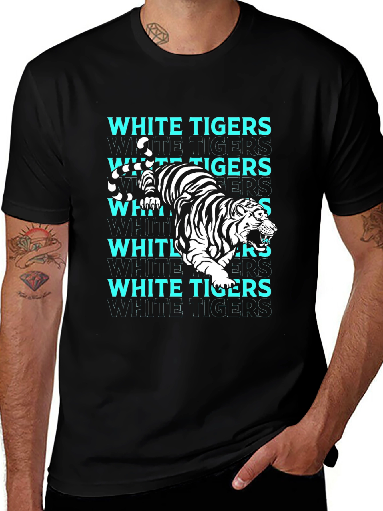 Variant 30 of White Tigers Graphic Print Black T-Shirt