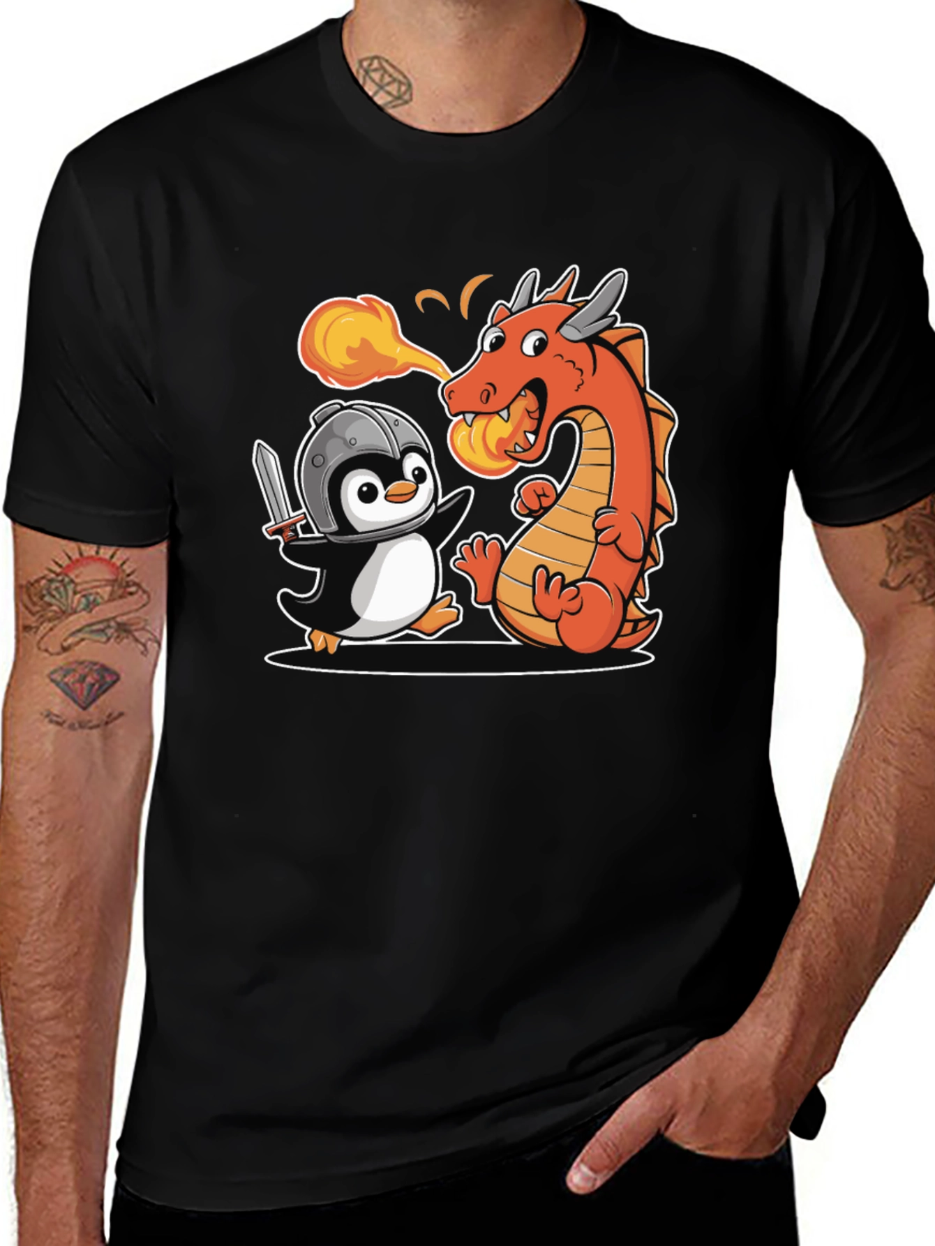 Variant 22 of Penguin Knight vs. Dragon T-Shirt - Fun Cartoon Tee
