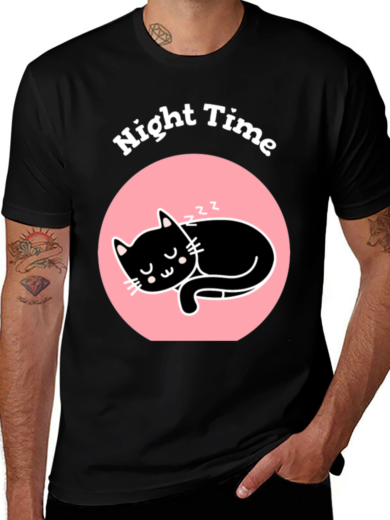 Night Time Sleeping Cat Graphic T-Shirt