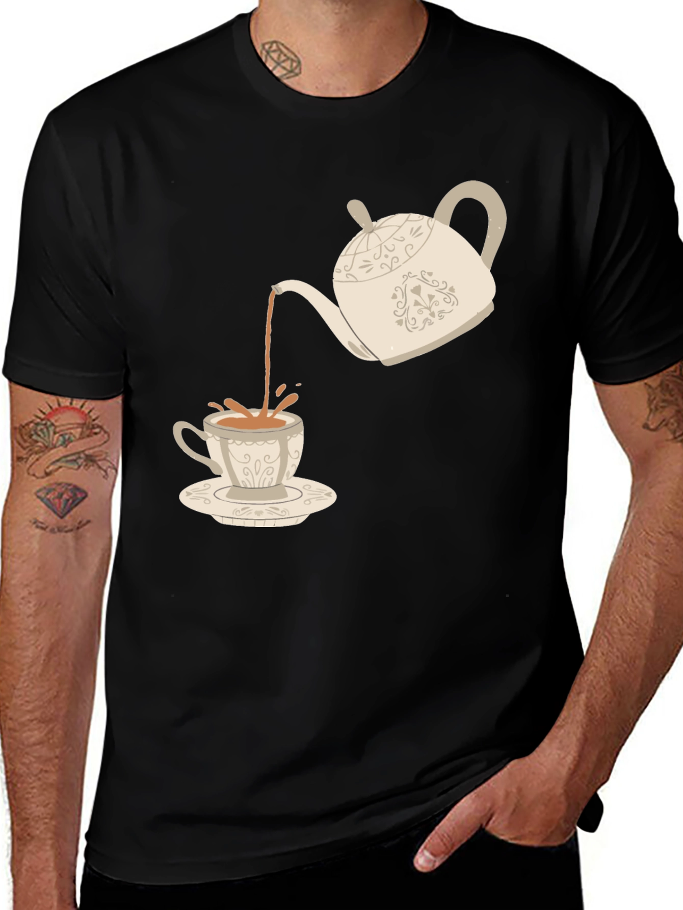 Variant 4 of Tea Time Tee: Charming Teapot Pouring Design - Black Cotton T-Shirt