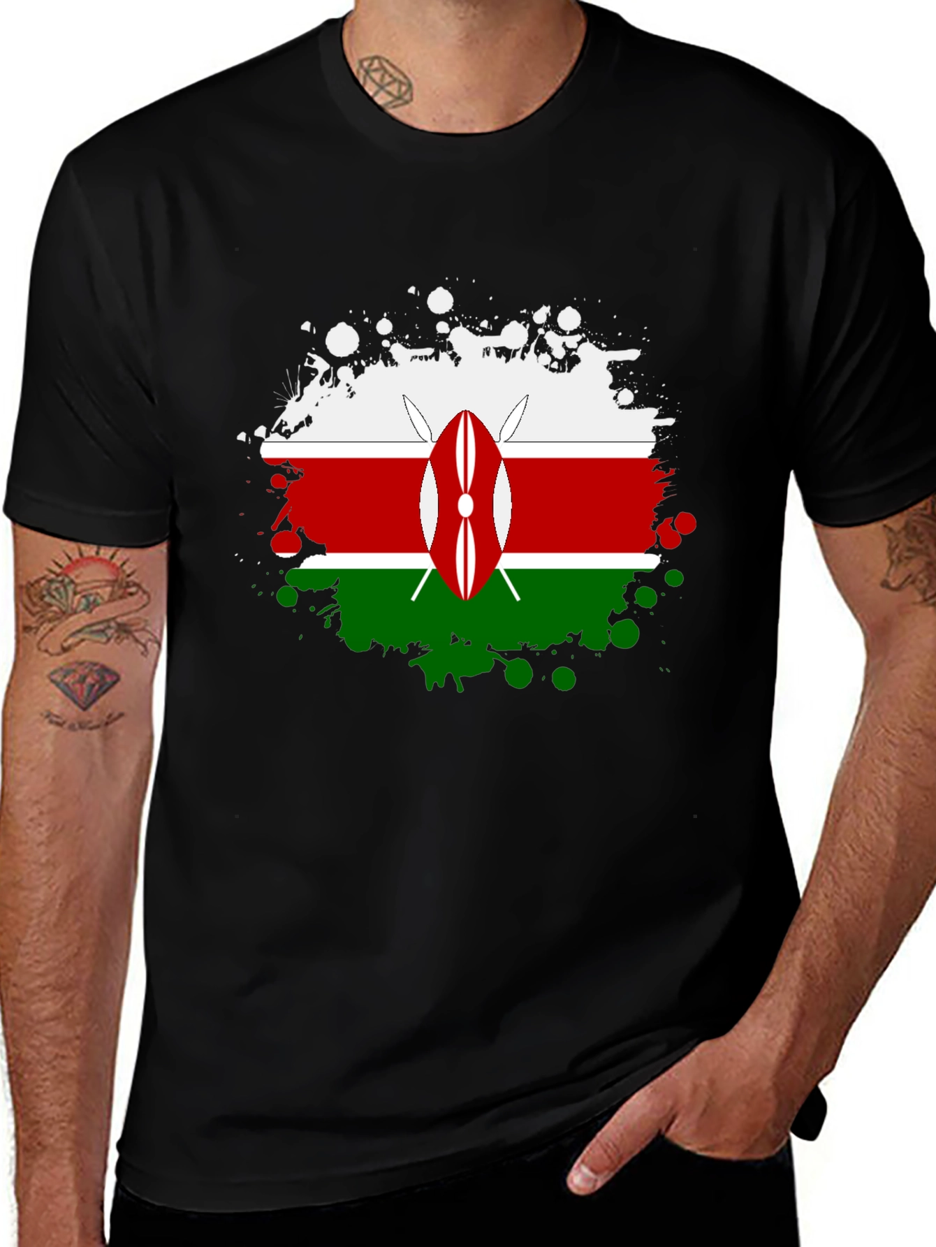 Variant 8 of Kenya Flag Splatter T-Shirt - Black Cotton Tee