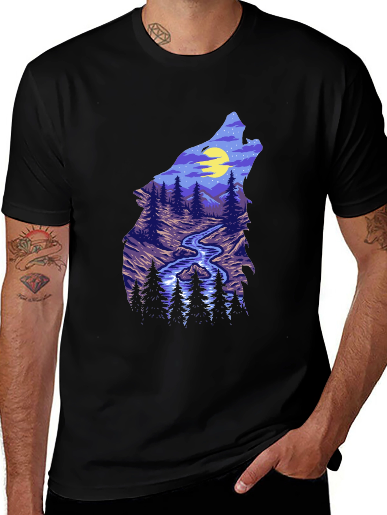 Variant 10 of Wolf Silhouette Mountain Stream Graphic Tee