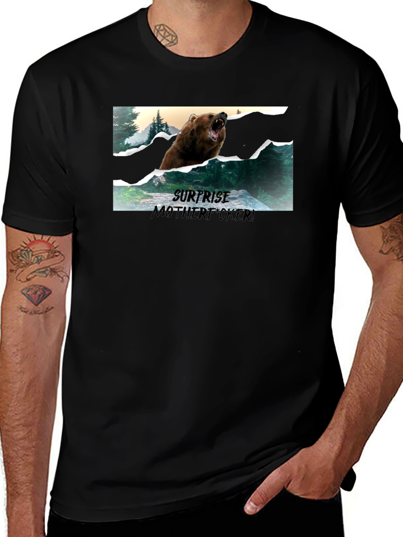 Variant 26 of Surprise Bear Graphic Tee - Black Cotton Blend
