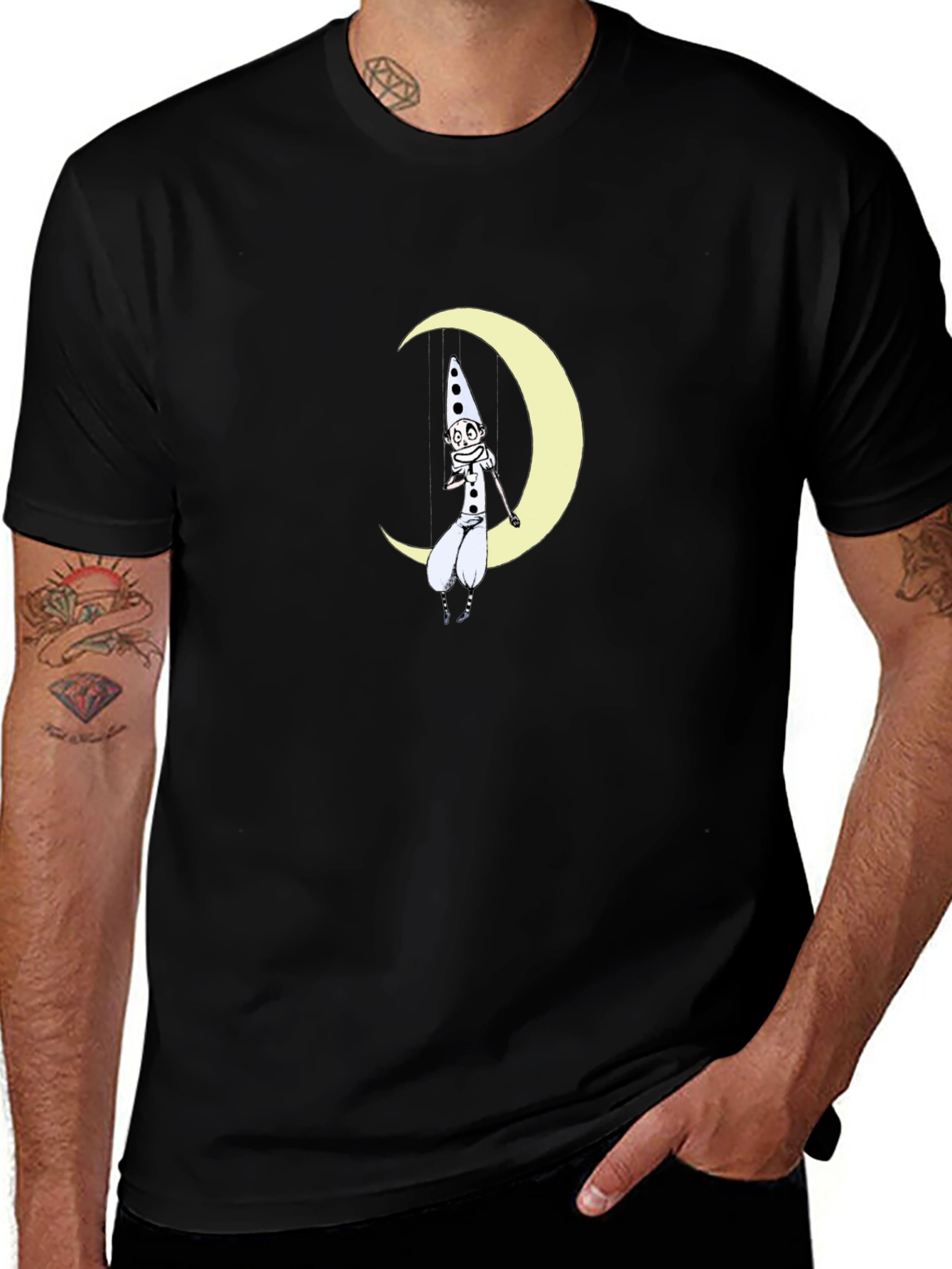 Whimsical Moon Clown Black Graphic Tee