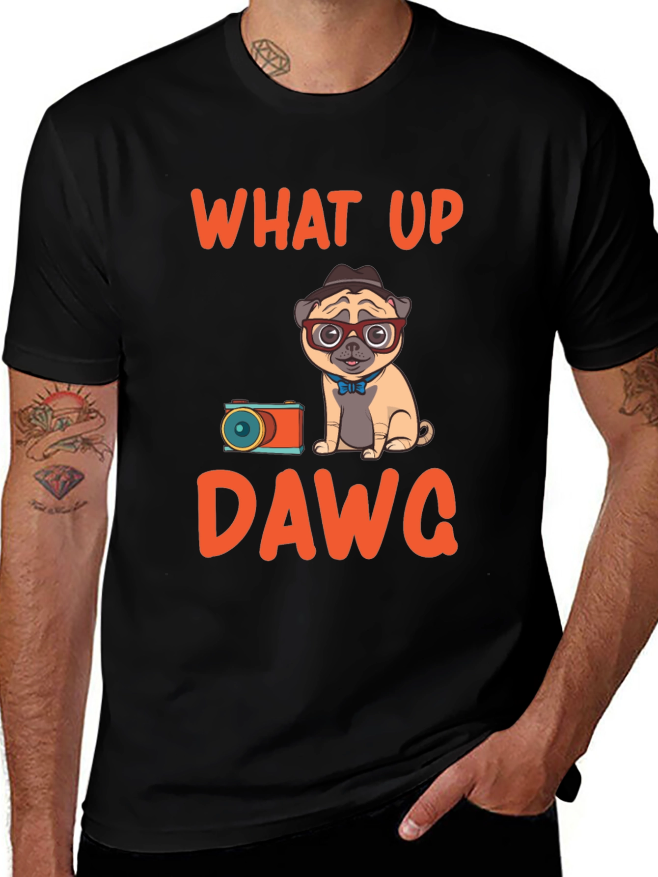 Variant 11 of What Up Dawg T-Shirt - Cute Pug with Camera Design