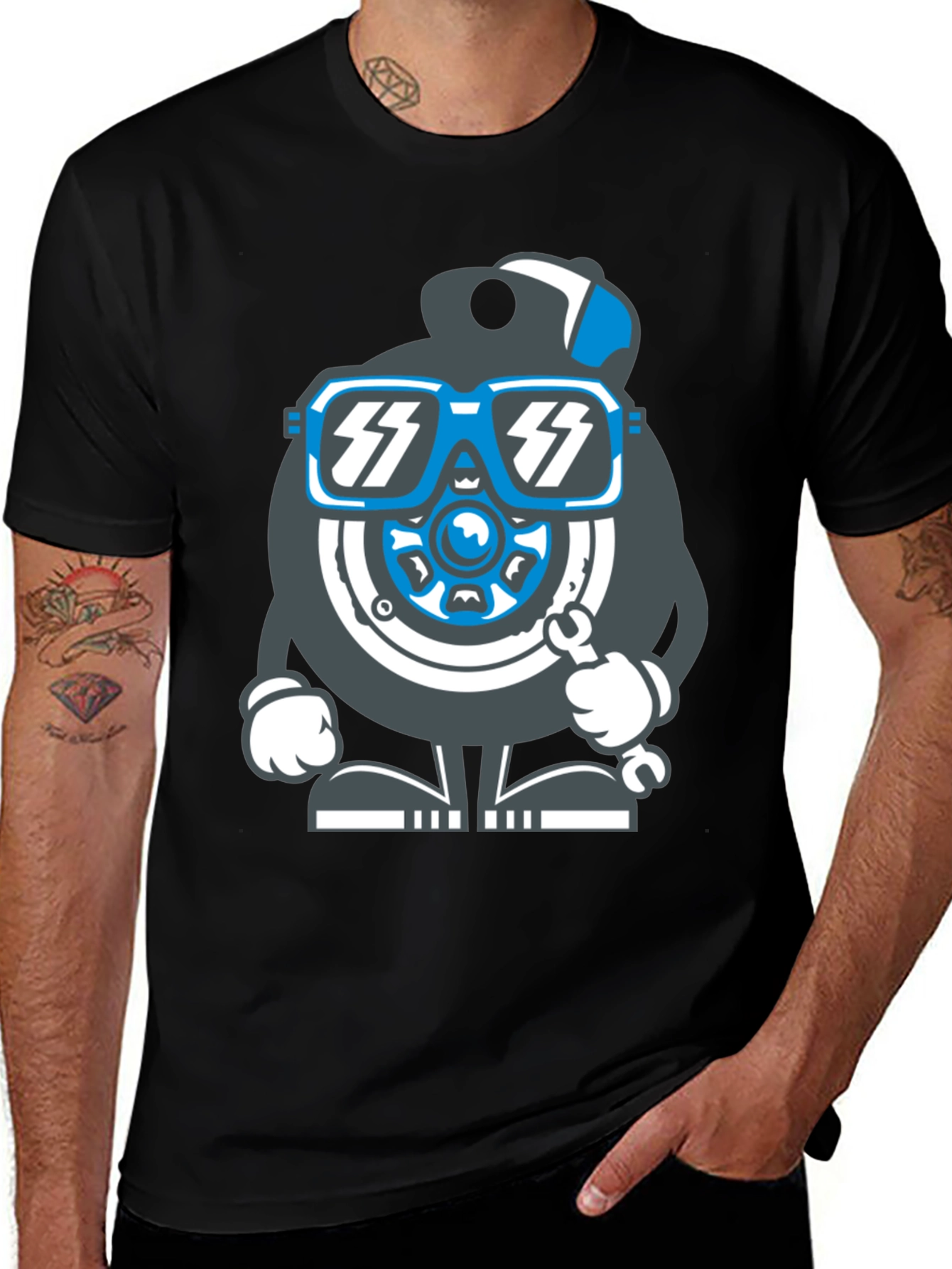 Variant 13 of Cool Mechanic Wheel Graphic T-Shirt - Black Cotton Tee