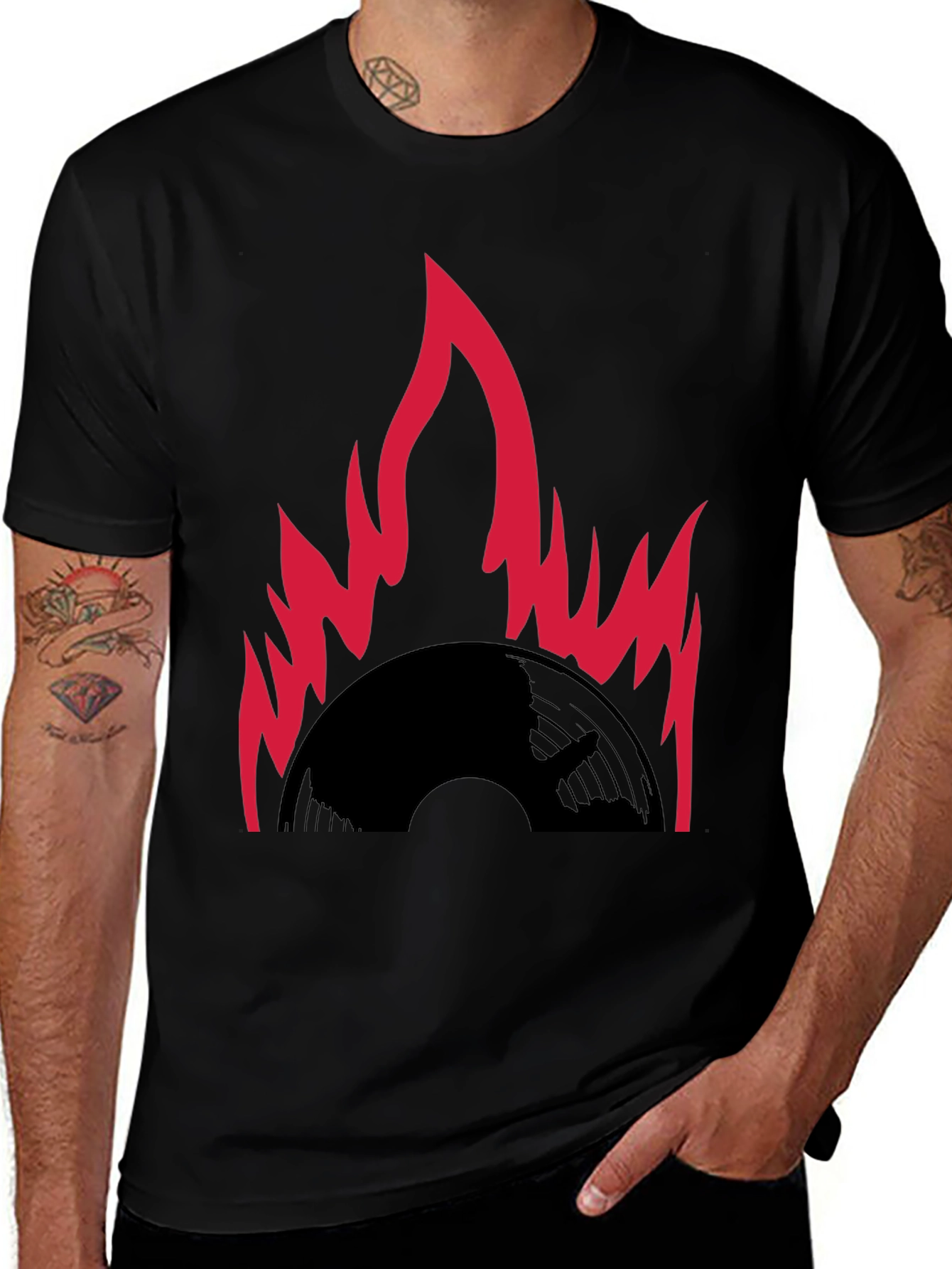Variant 15 of Flaming Vinyl Record Graphic T-Shirt - Black