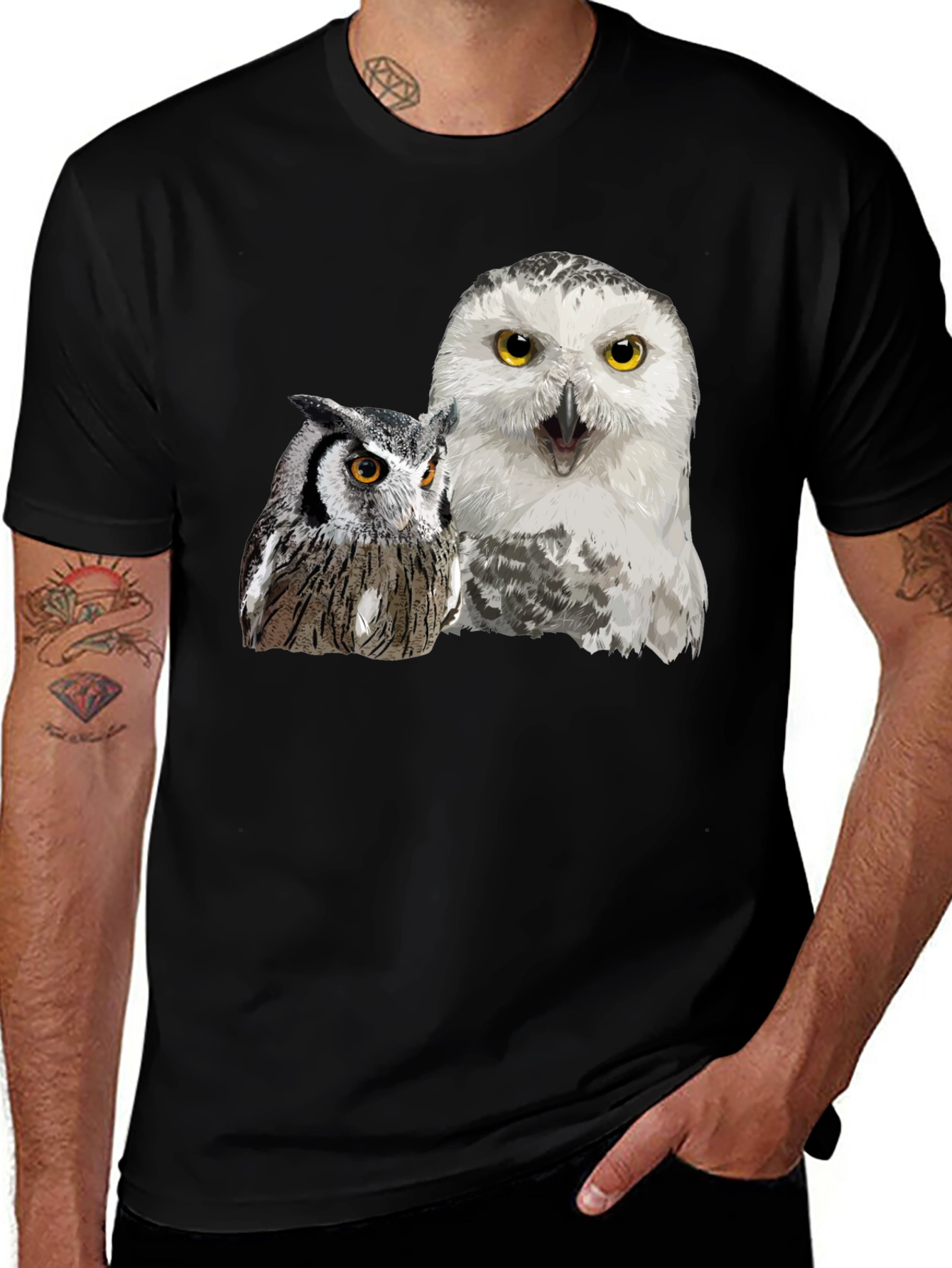 Variant 22 of Owl Duo Graphic Tee - Black Cotton Blend