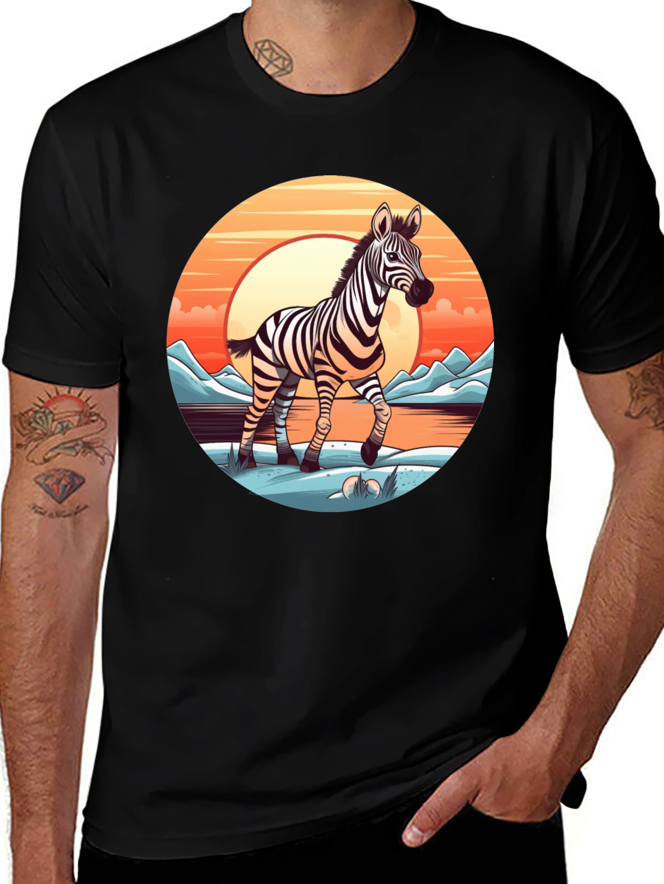 Variant 15 of Zebra Sunset Graphic Tee - Black Cotton Comfort