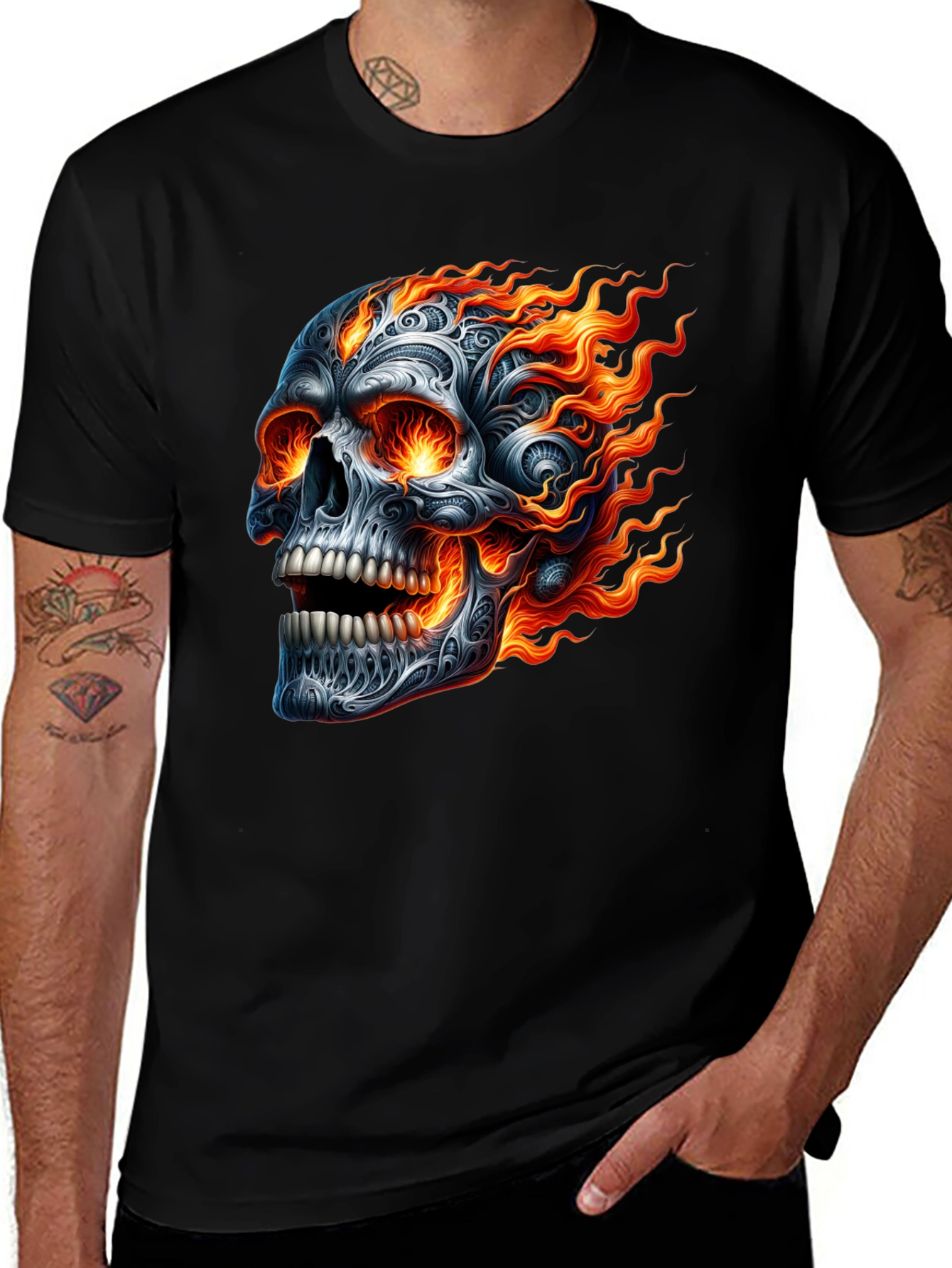 Variant 19 of Flaming Skull Graphic Tee - Black Cotton T-Shirt