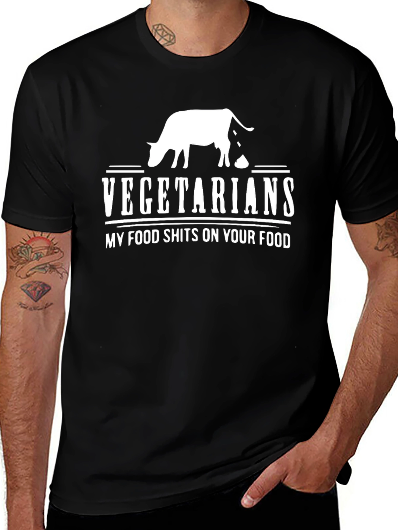 Variant 22 of Vegetarian Humor T-Shirt - "My Food Shits on Your Food"