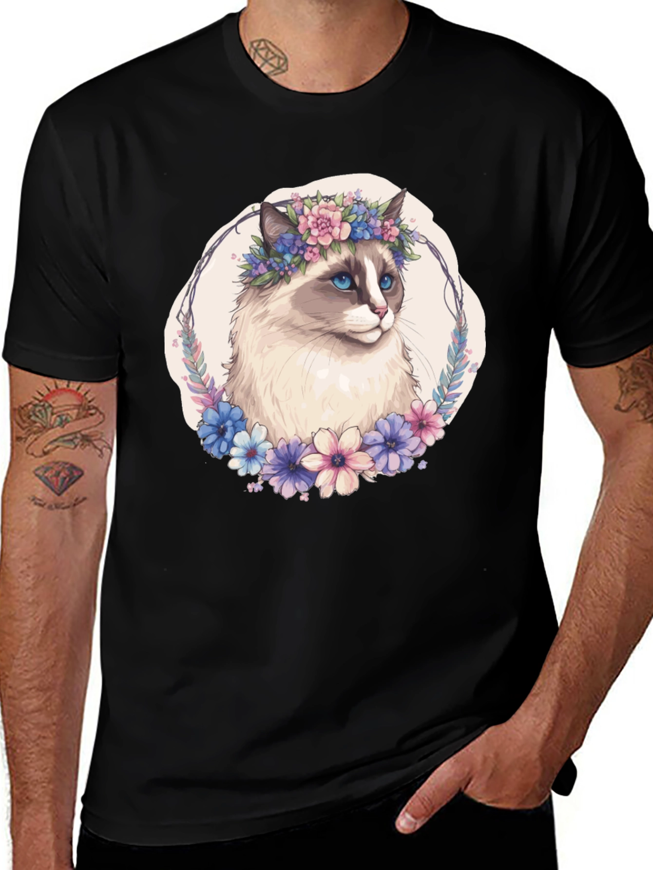 Variant 13 of Floral Crown Cat T-Shirt - Unisex Black Tee