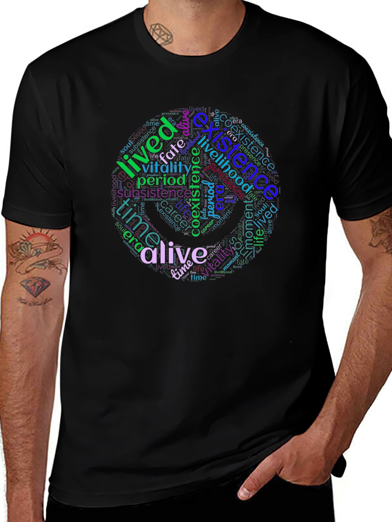 Word Cloud T-Shirt: Existence, Life, and Vitality Design