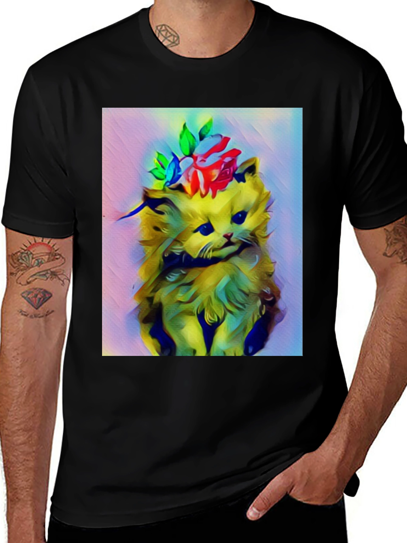 Variant 10 of Cat with Flowers Graphic Black T-Shirt